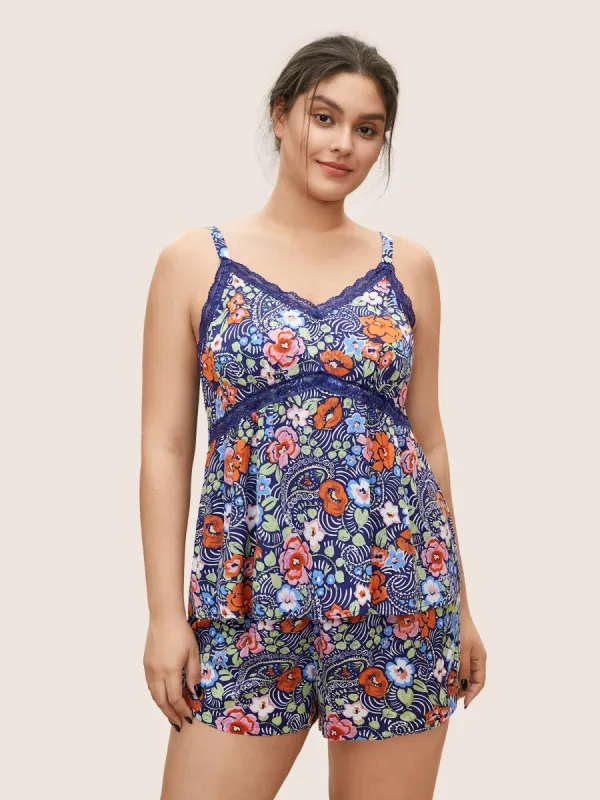 Boho Print Lace Panel Elastic Waist Sleep Top sold by Bloomchic