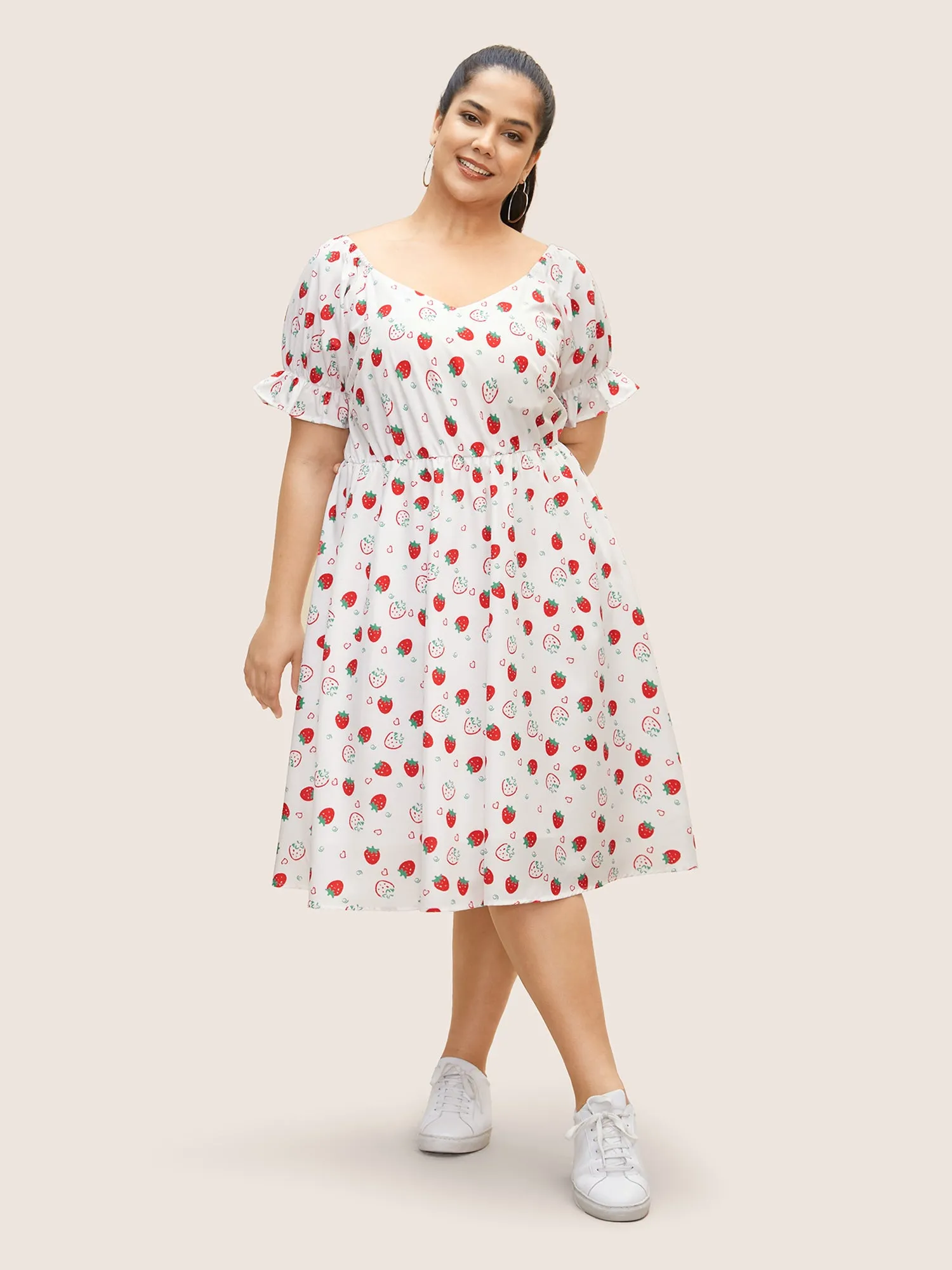 Strawberry Print Puff Sleeve Elastic Waist Dress sold by Bloomchic