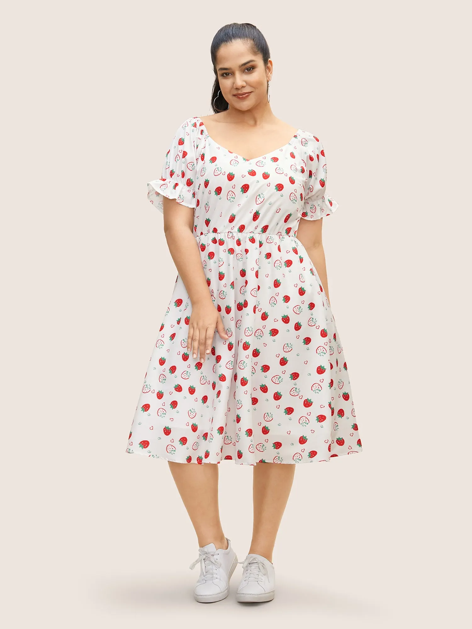 Strawberry Print Puff Sleeve Elastic Waist Dress sold by Bloomchic product image thumbnail 2