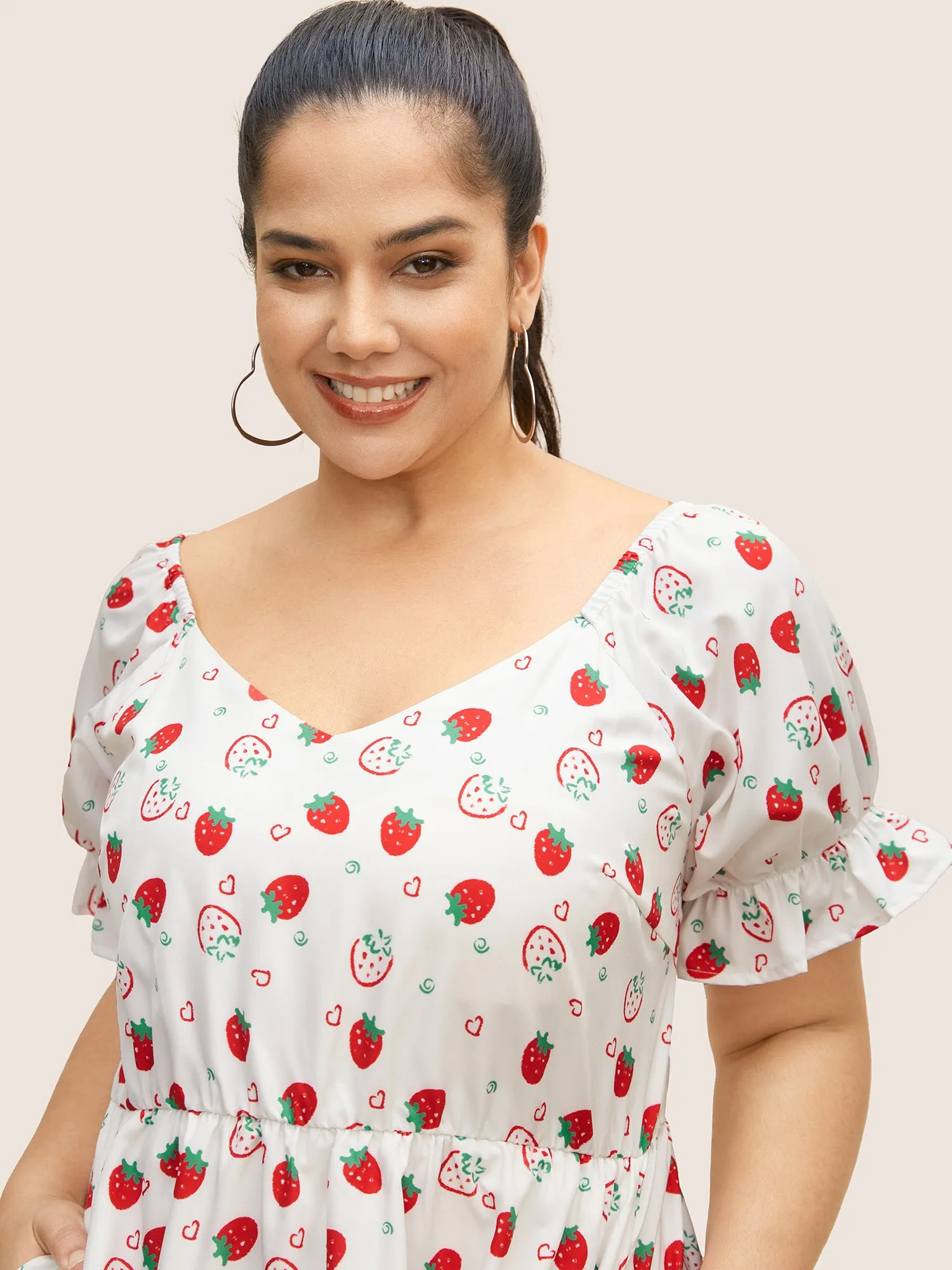 Strawberry Print Puff Sleeve Elastic Waist Dress sold by Bloomchic product image thumbnail 4