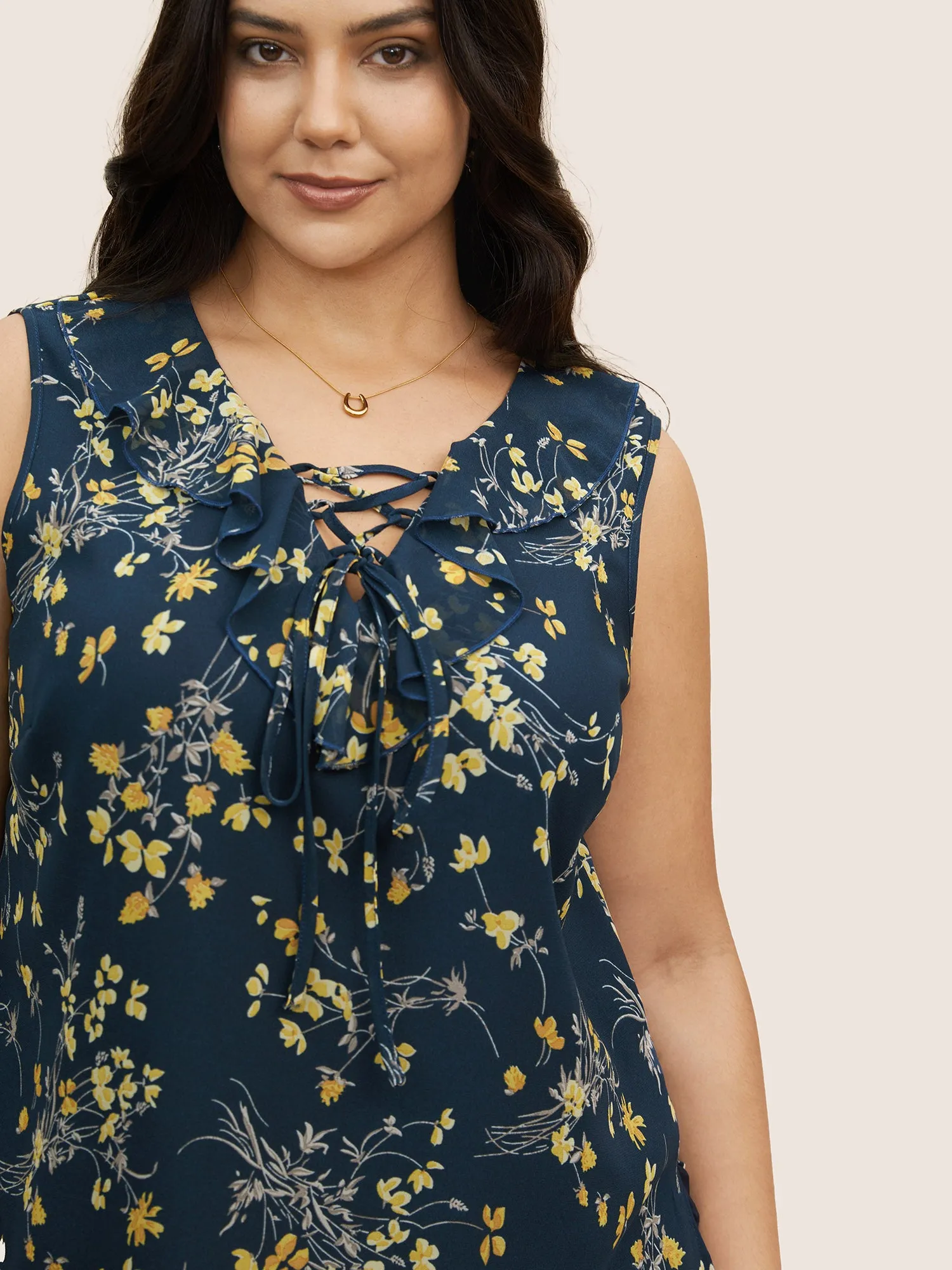 Floral Print Ruffle Trim Lace Up Tank Top sold by Bloomchic product image thumbnail 3