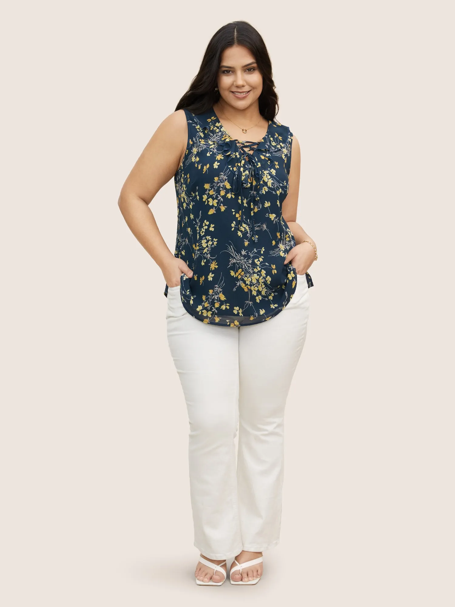 Floral Print Ruffle Trim Lace Up Tank Top sold by Bloomchic product image thumbnail 2