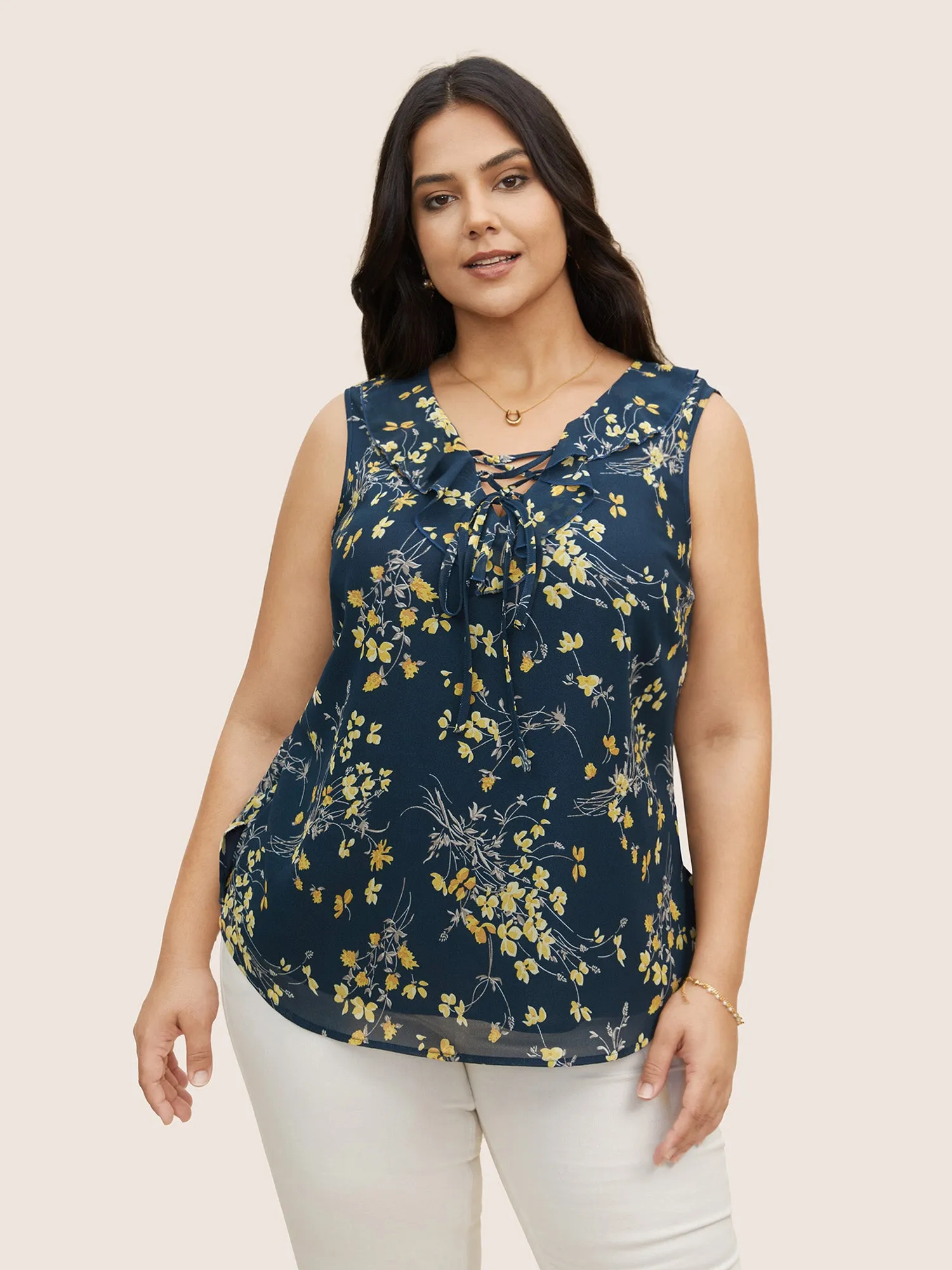 Floral Print Ruffle Trim Lace Up Tank Top sold by Bloomchic