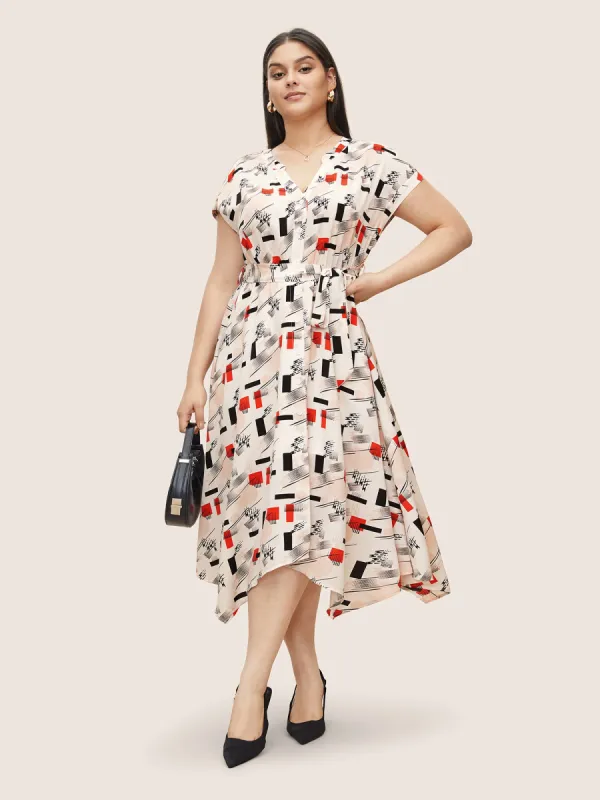 Geometric Flat Collar With V Notch  Batwing Sleeve Dress sold by Bloomchic