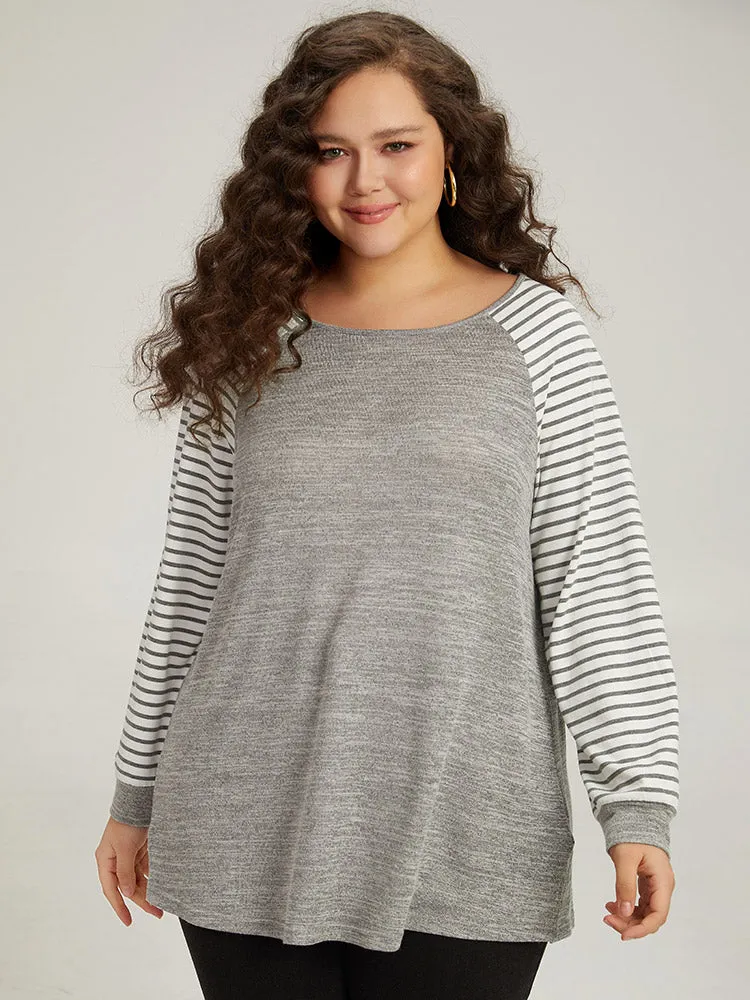 Striped Raglan Sleeve Patched Split Side T-shirt sold by Bloomchic product image thumbnail 3
