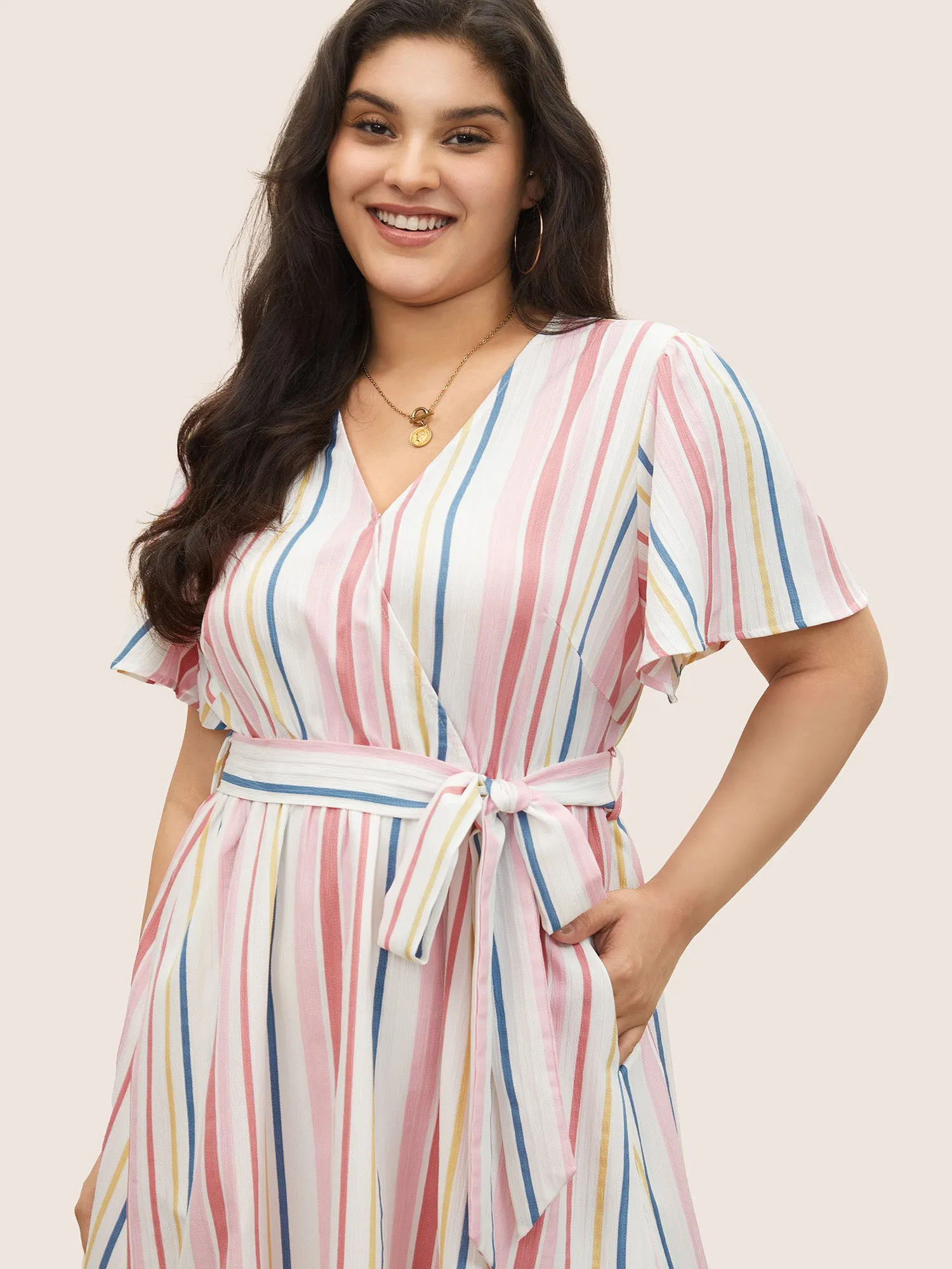 Striped Wrap Patchwork Belted Frill Trim Dress sold by Bloomchic product image thumbnail 4