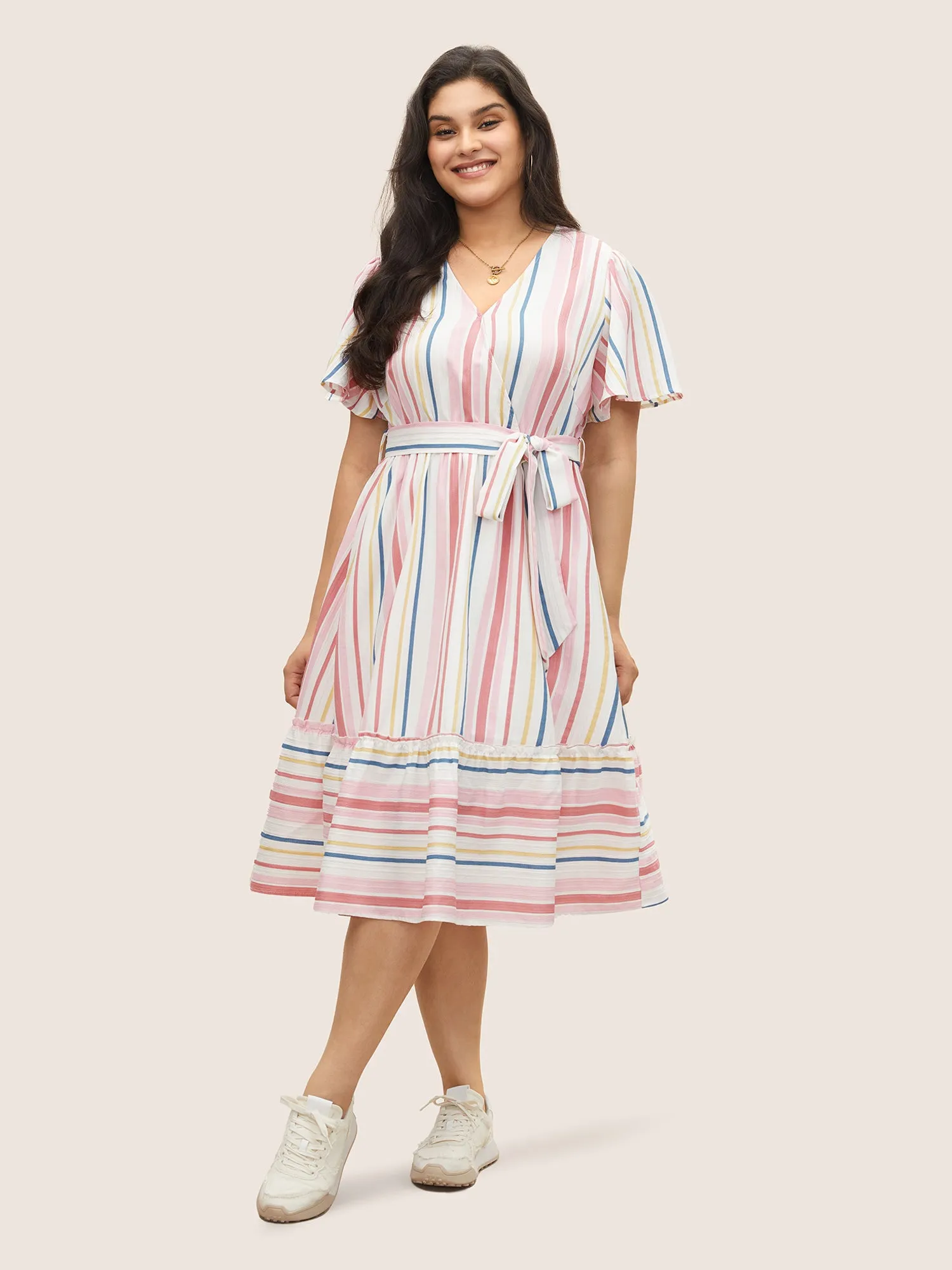 Striped Wrap Patchwork Belted Frill Trim Dress sold by Bloomchic