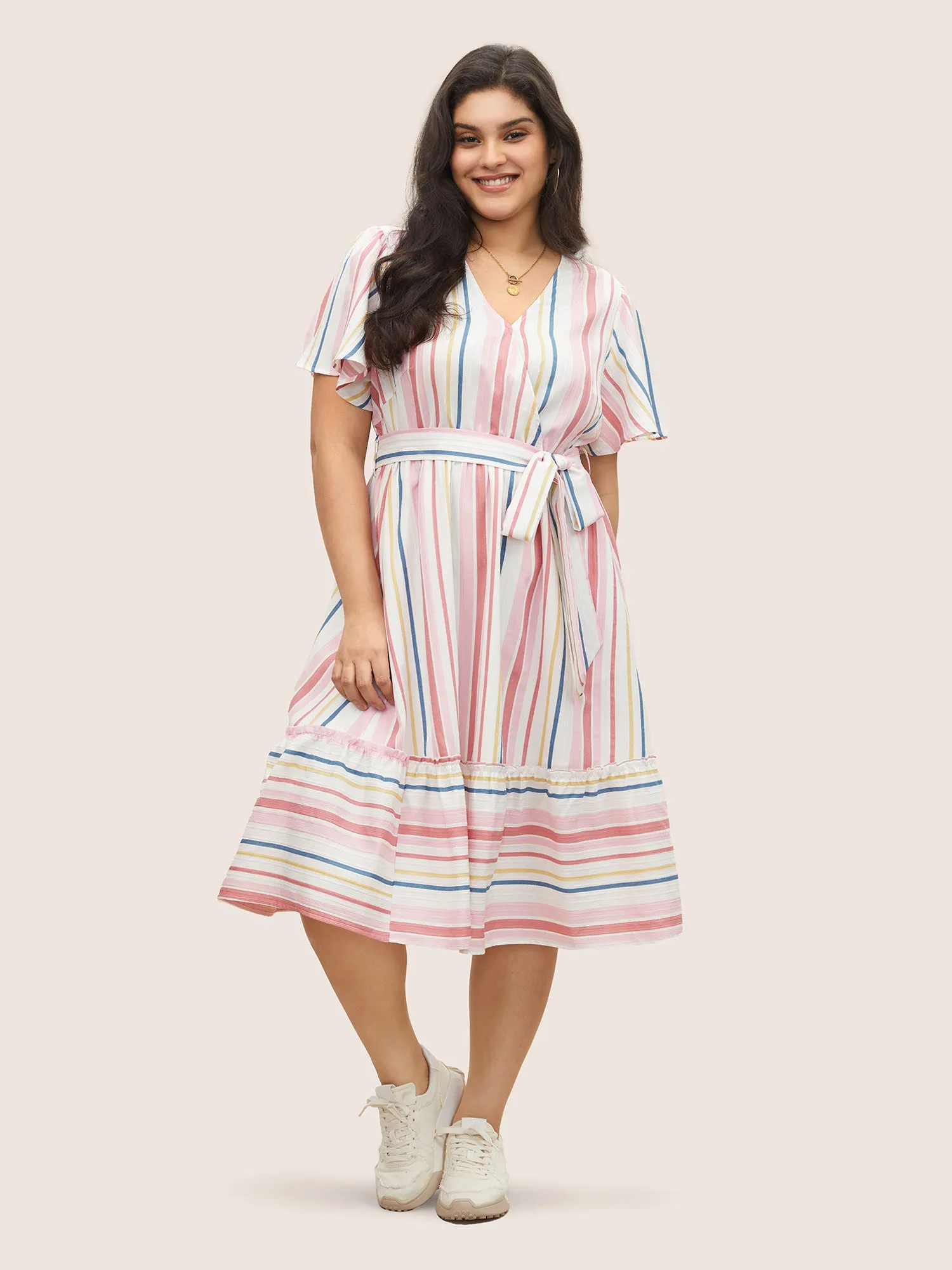 Striped Wrap Patchwork Belted Frill Trim Dress sold by Bloomchic product image thumbnail 2