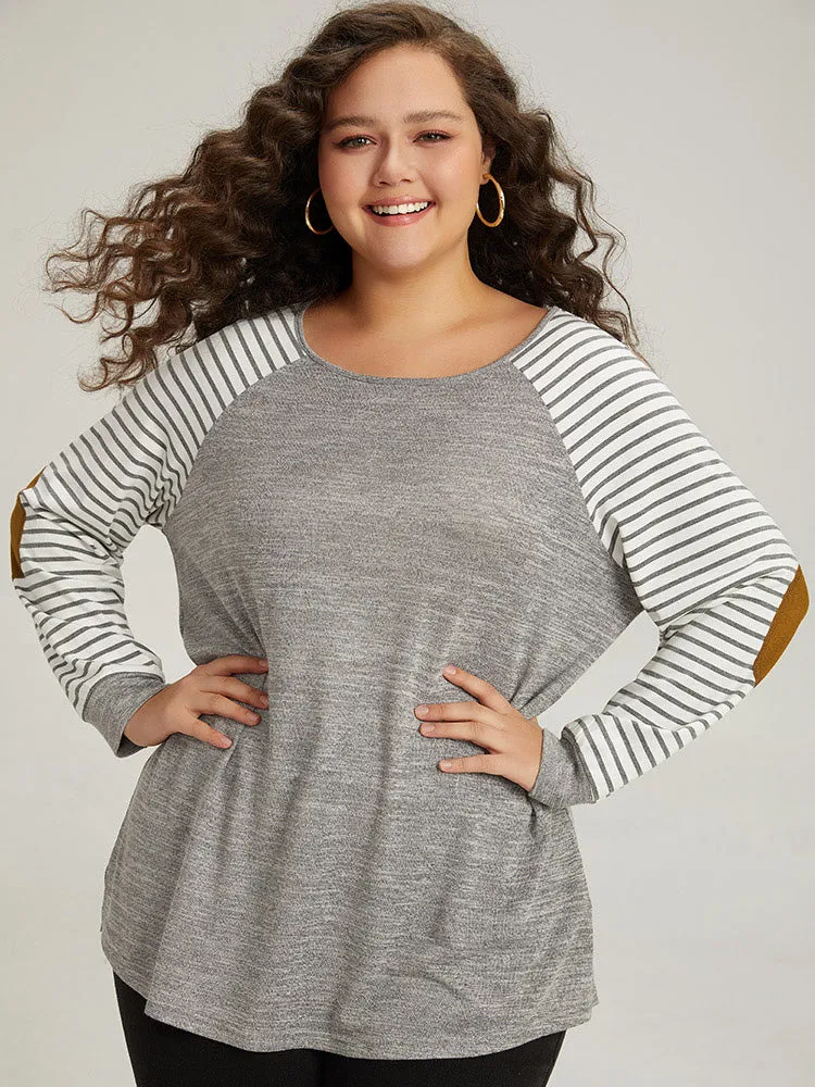 Striped Raglan Sleeve Patched Split Side T-shirt sold by Bloomchic