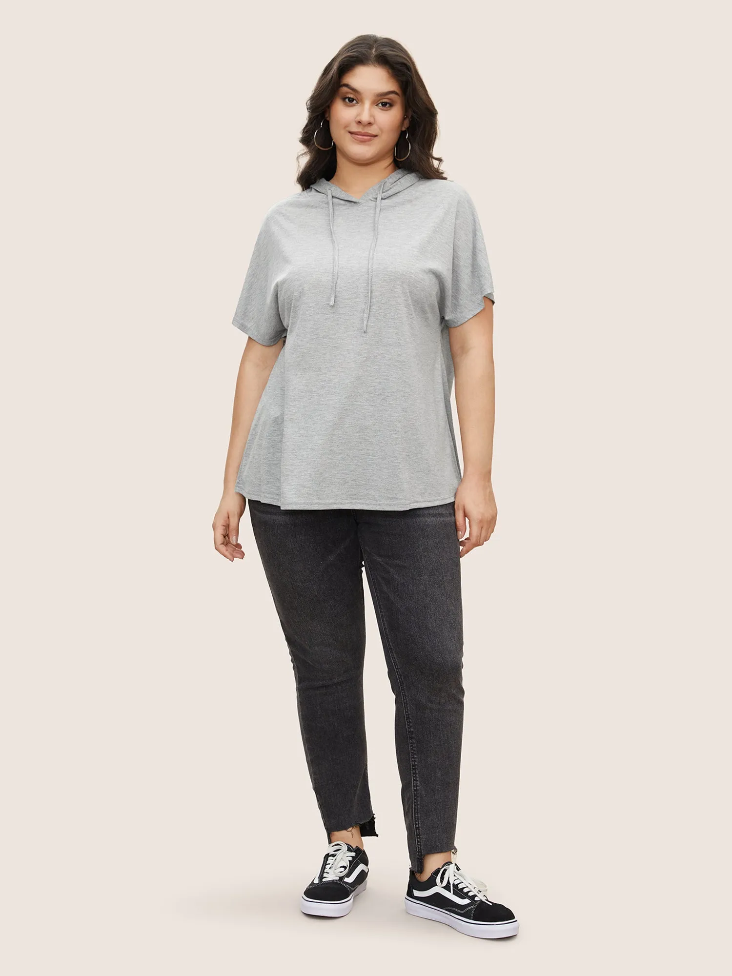 Solid Batwing Sleeve Drawstring Hooded T-shirt sold by Bloomchic product image thumbnail 2