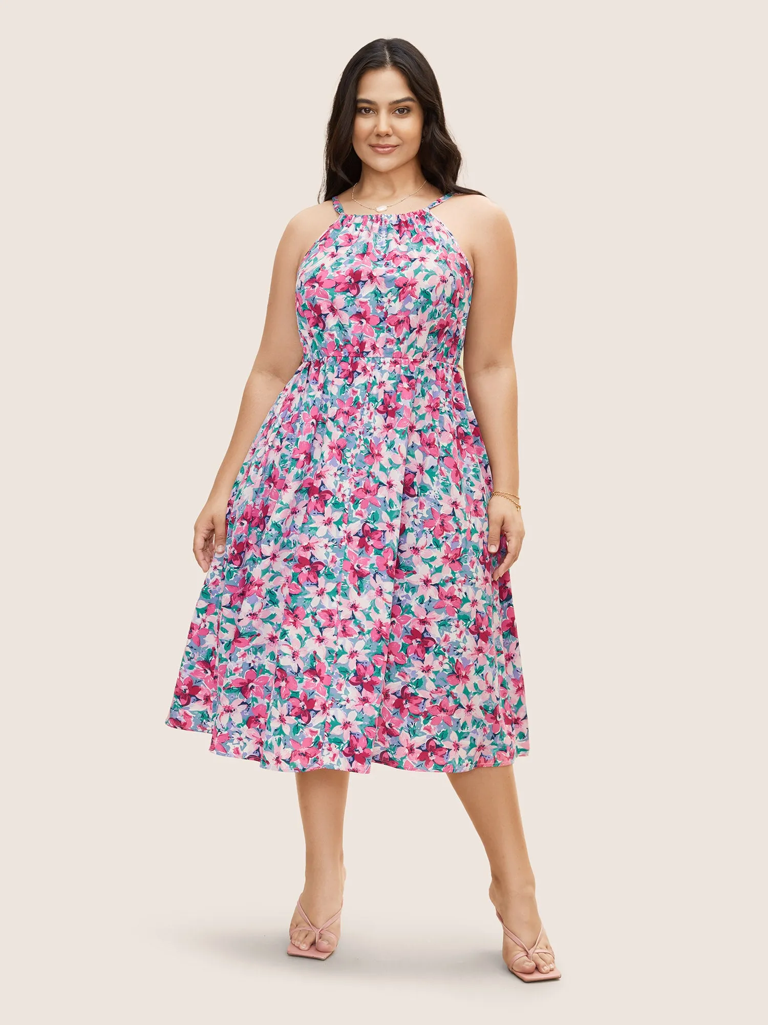 Halter Neck Floral Drawstring Midi Dress sold by Bloomchic