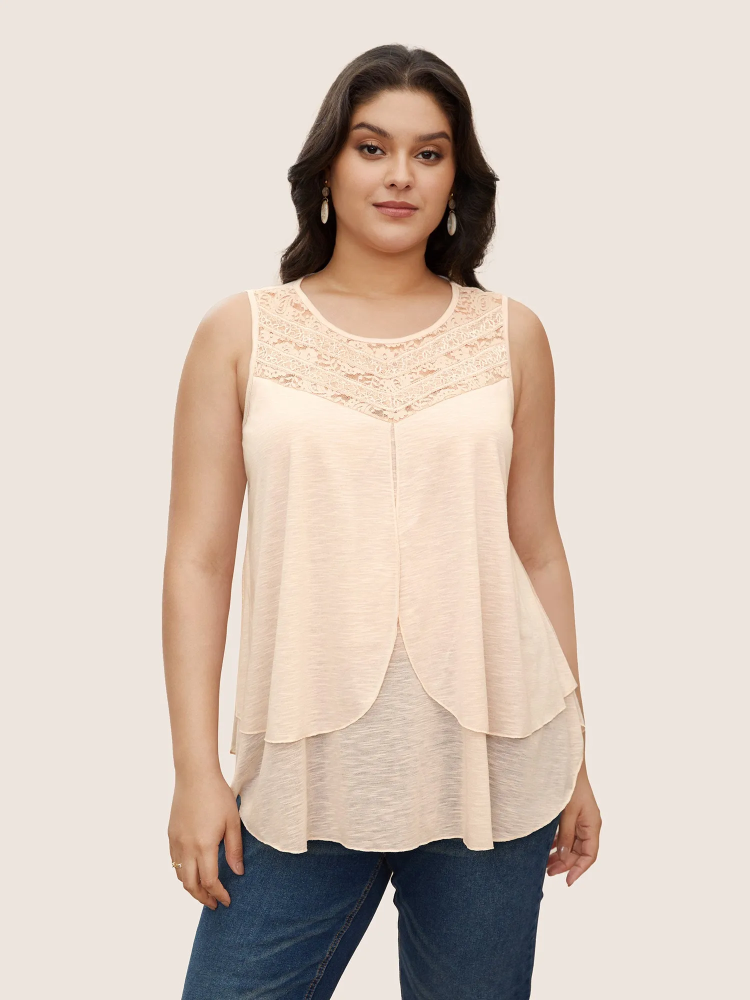 Crew Neck Lace Patchwork Tiered Hem Tank Top sold by Bloomchic