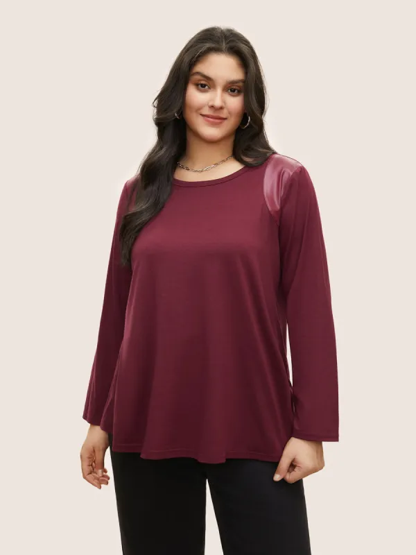 Crew Neck Plain PU Leather T-shirt sold by Bloomchic