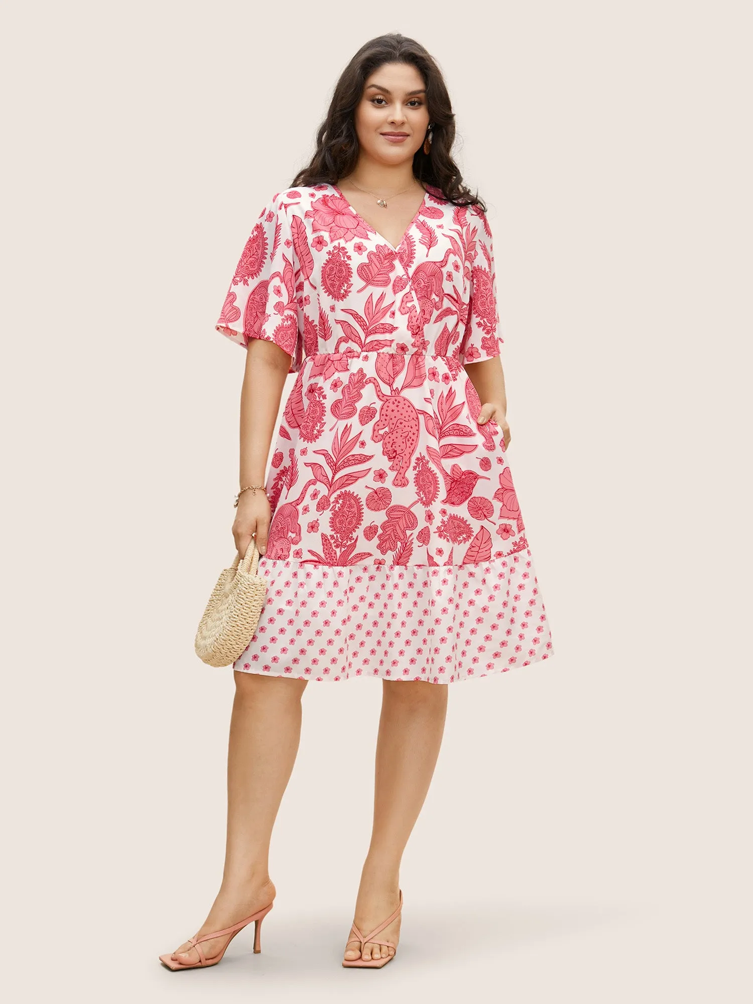 Overlap Collar Boho Print Patchwork Dress sold by Bloomchic