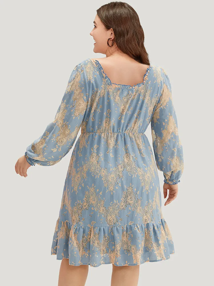 Contrast Lace Panel Frill Trim Lantern Sleeve Dress sold by Bloomchic product image thumbnail 4