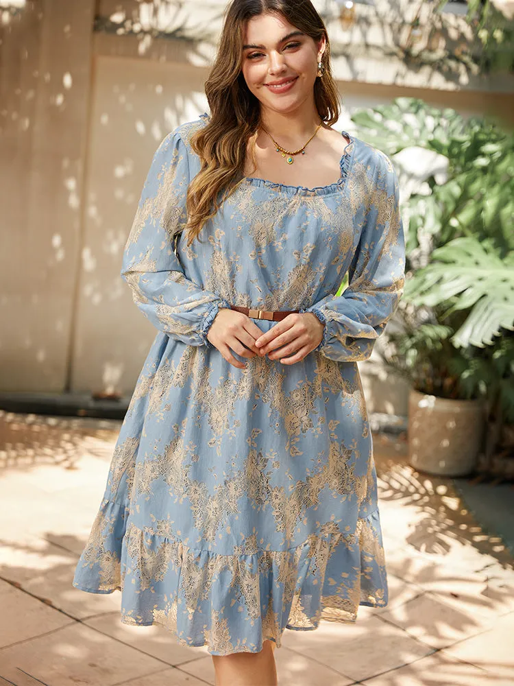 Contrast Lace Panel Frill Trim Lantern Sleeve Dress sold by Bloomchic