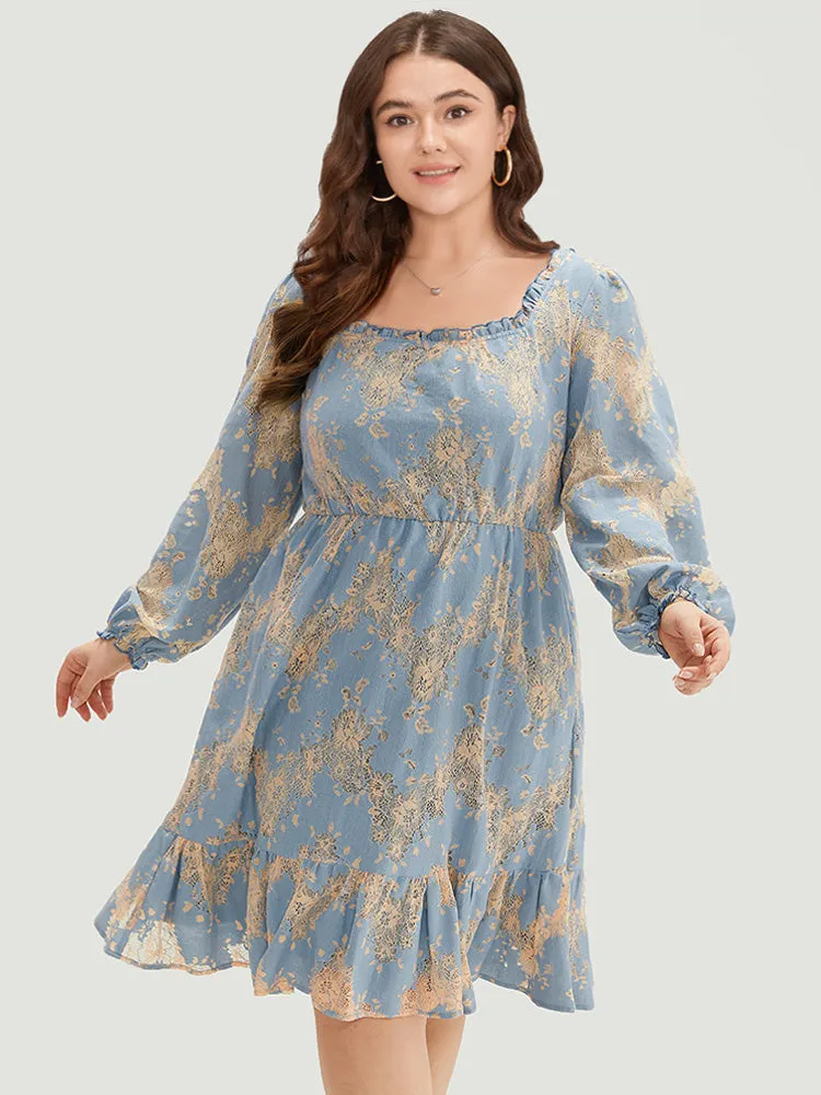 Contrast Lace Panel Frill Trim Lantern Sleeve Dress sold by Bloomchic product image thumbnail 5