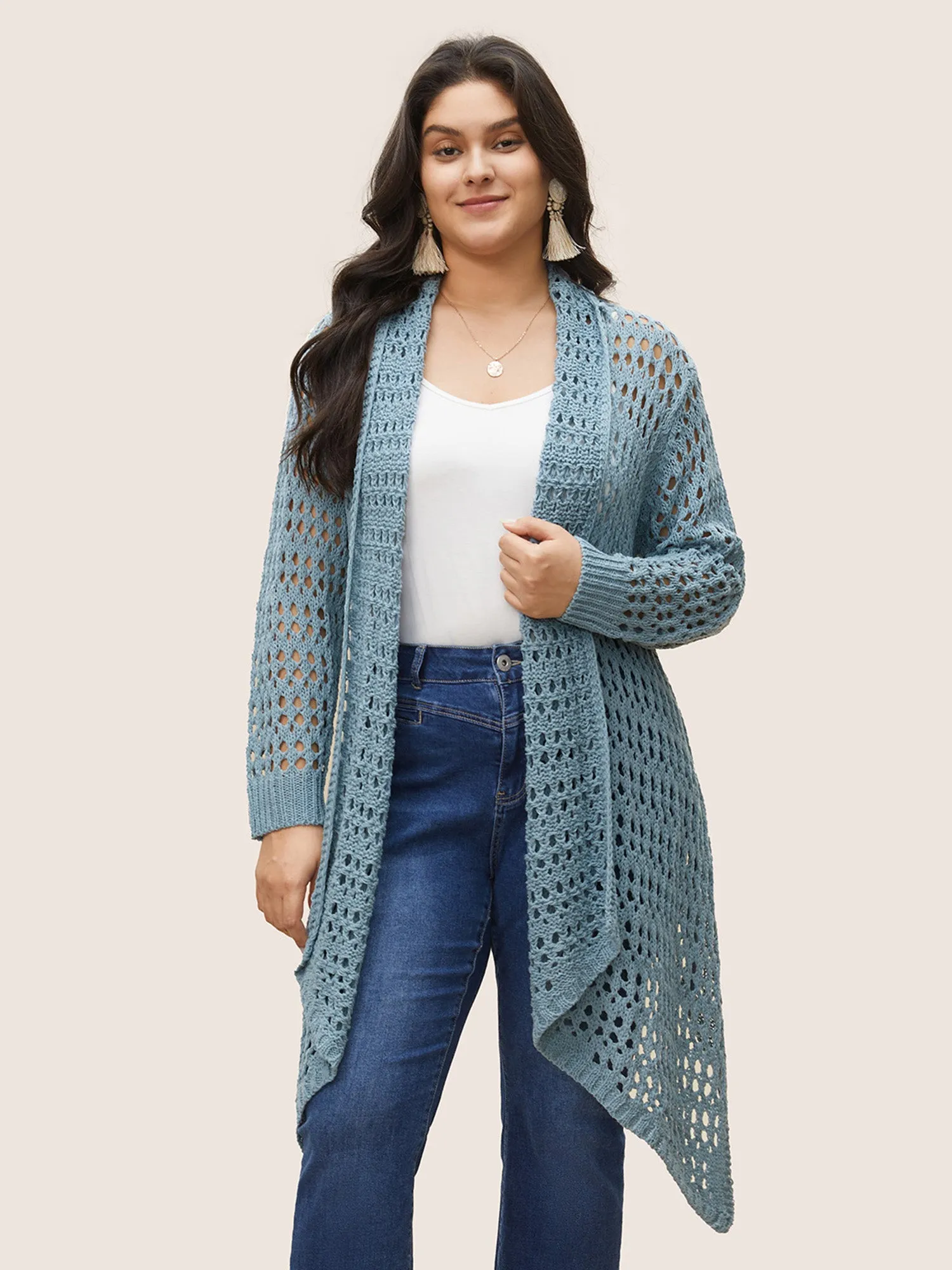 Plain Texture Cut Out Asymmetrical Hem Cardigan sold by Bloomchic