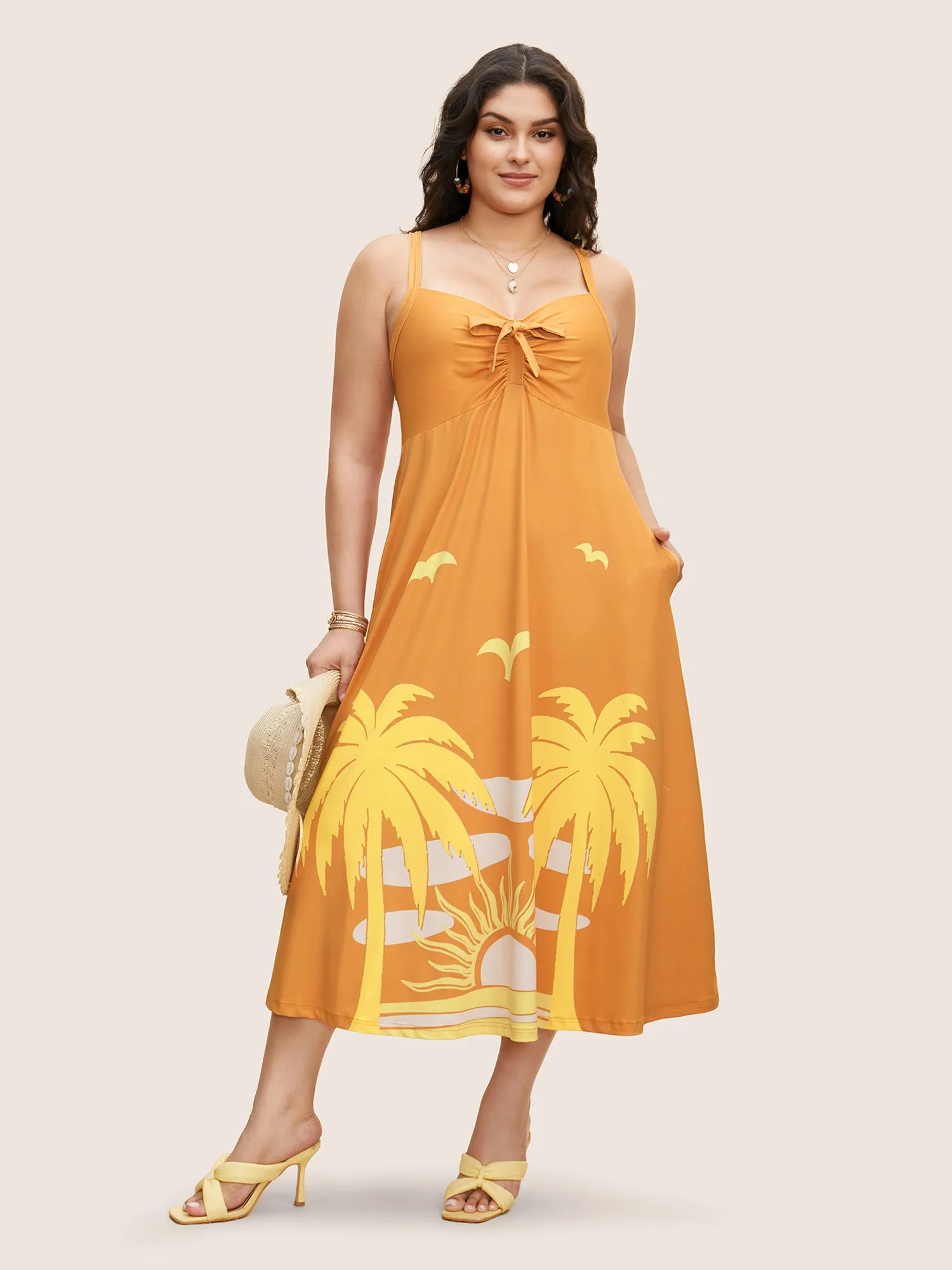 Heart Neckline Tropical Print Tie Knot Midi Dress sold by Bloomchic