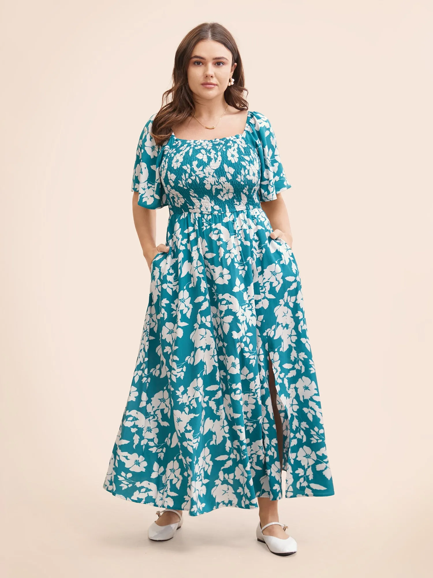 Silhouette Floral Print Shirred Frill Trim Dress sold by Bloomchic