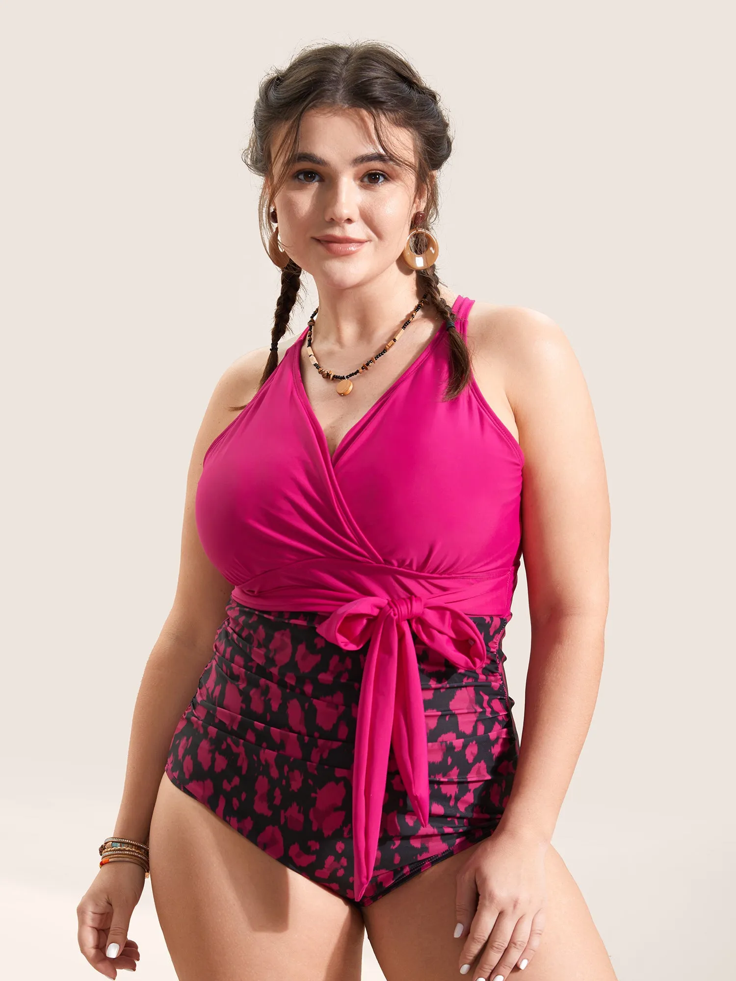 Leopard Print Patchwork Tie Knot One Piece Swimsuit sold by Bloomchic product image thumbnail 3