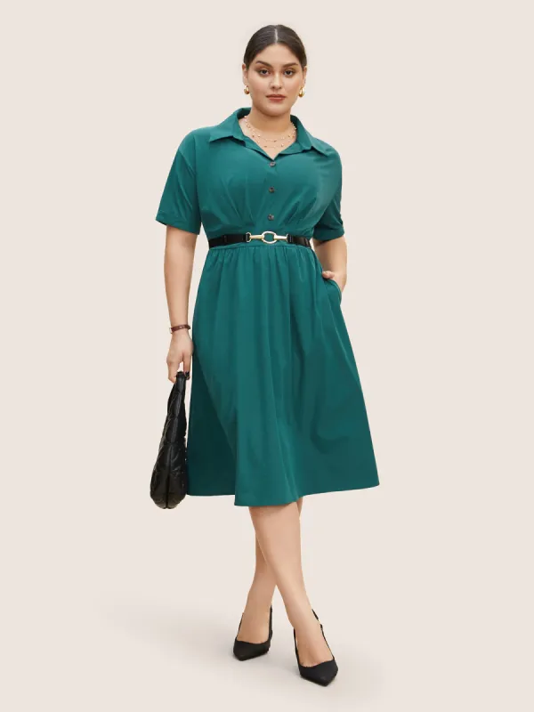 Shirt Collar Pleated Button Detail Gathered Midi Dress sold by Bloomchic