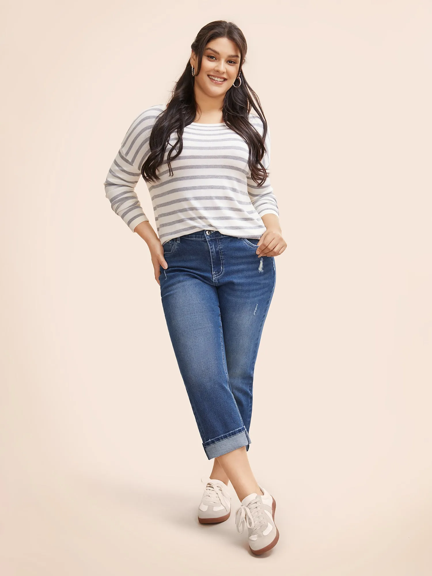 Folded Hem Rip Back Elastic Waist Jeans sold by Bloomchic product image thumbnail 3