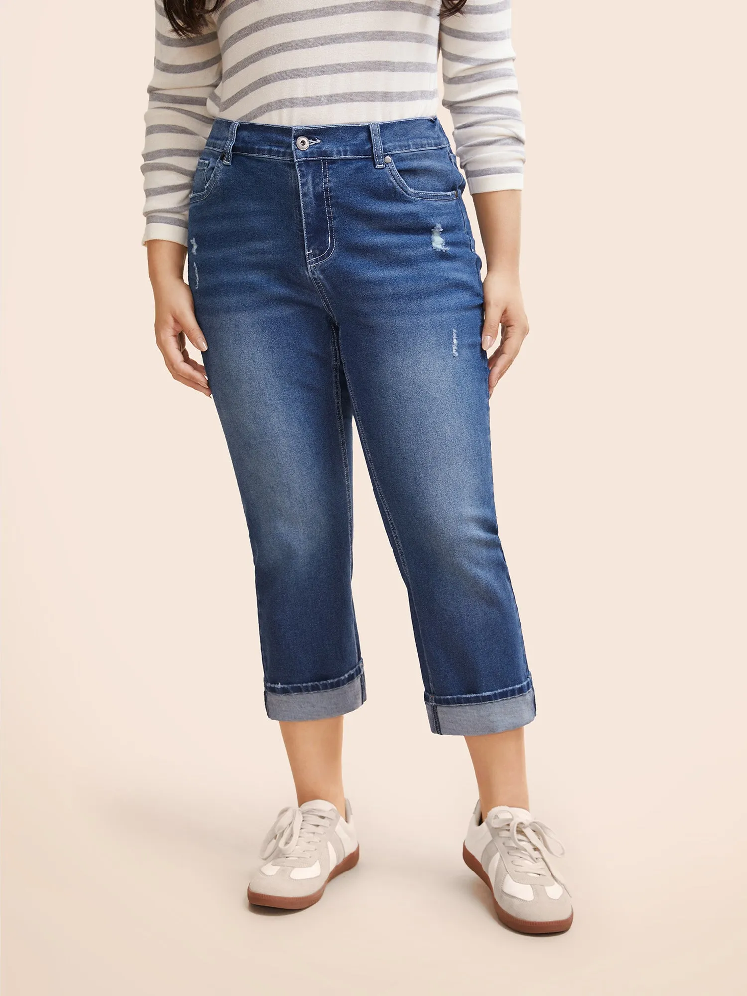 Folded Hem Rip Back Elastic Waist Jeans sold by Bloomchic