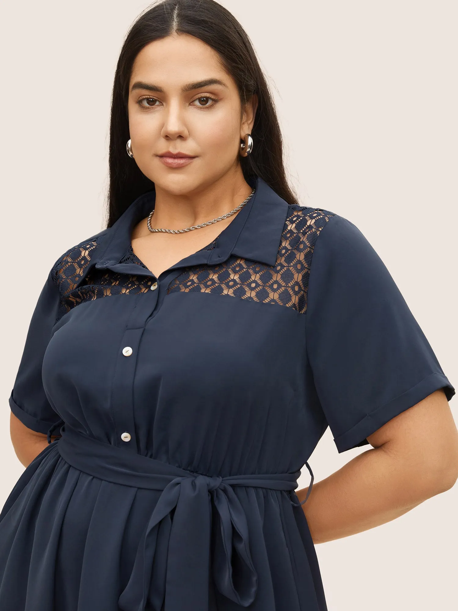 Plain Lace Patchwork Belted Cuffed Sleeve Dress sold by Bloomchic product image thumbnail 4