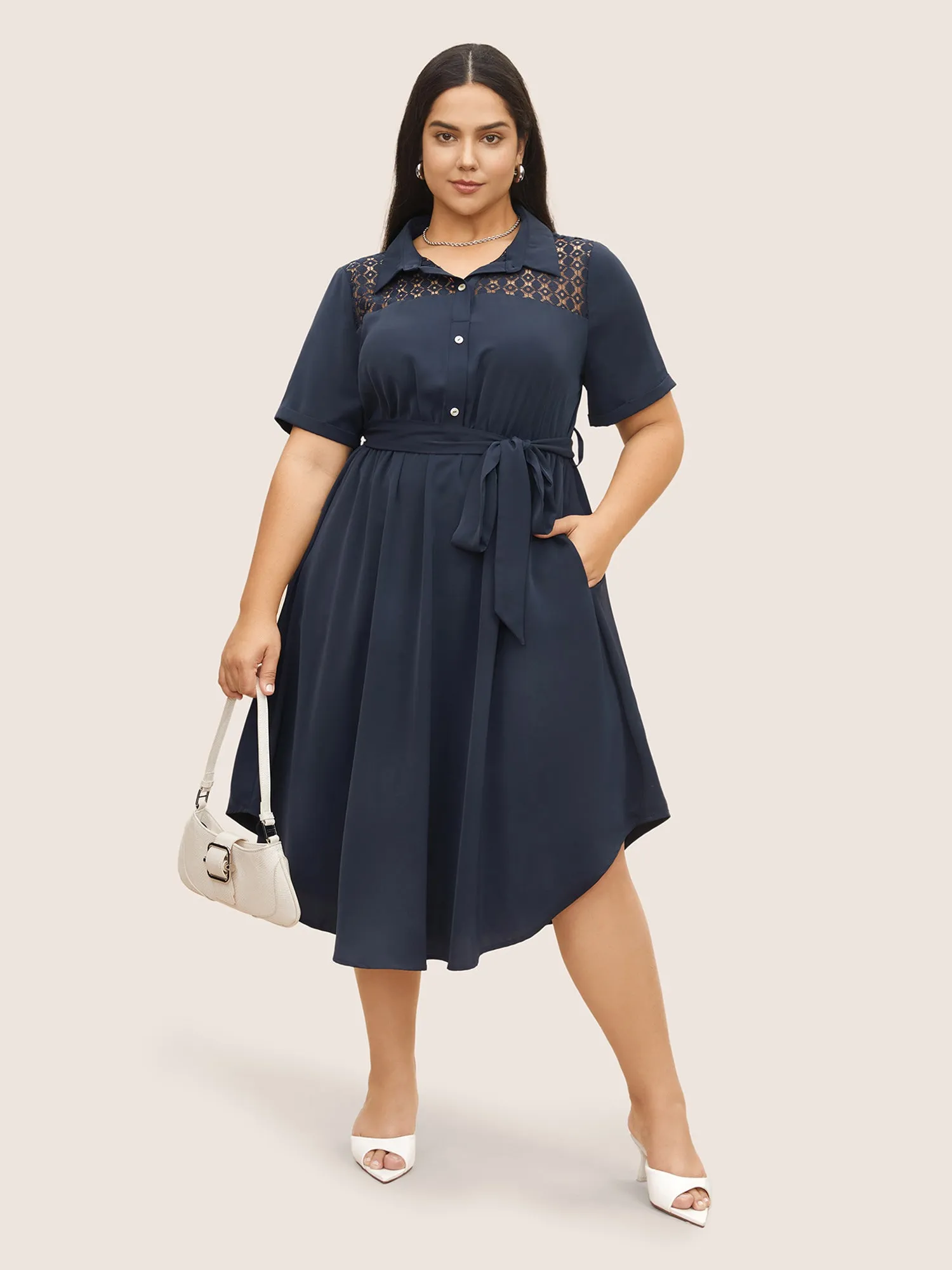 Plain Lace Patchwork Belted Cuffed Sleeve Dress sold by Bloomchic