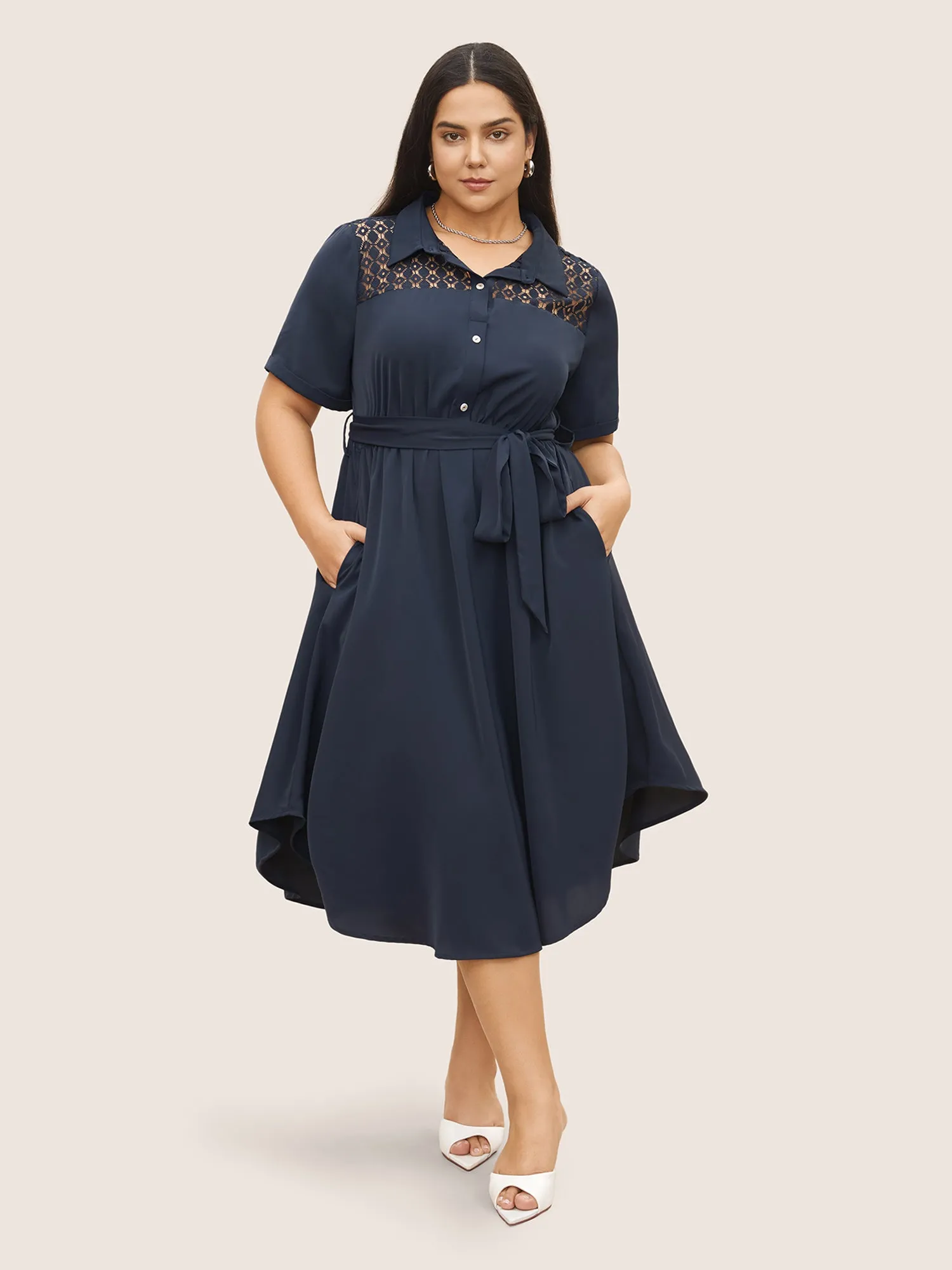 Plain Lace Patchwork Belted Cuffed Sleeve Dress sold by Bloomchic product image thumbnail 2