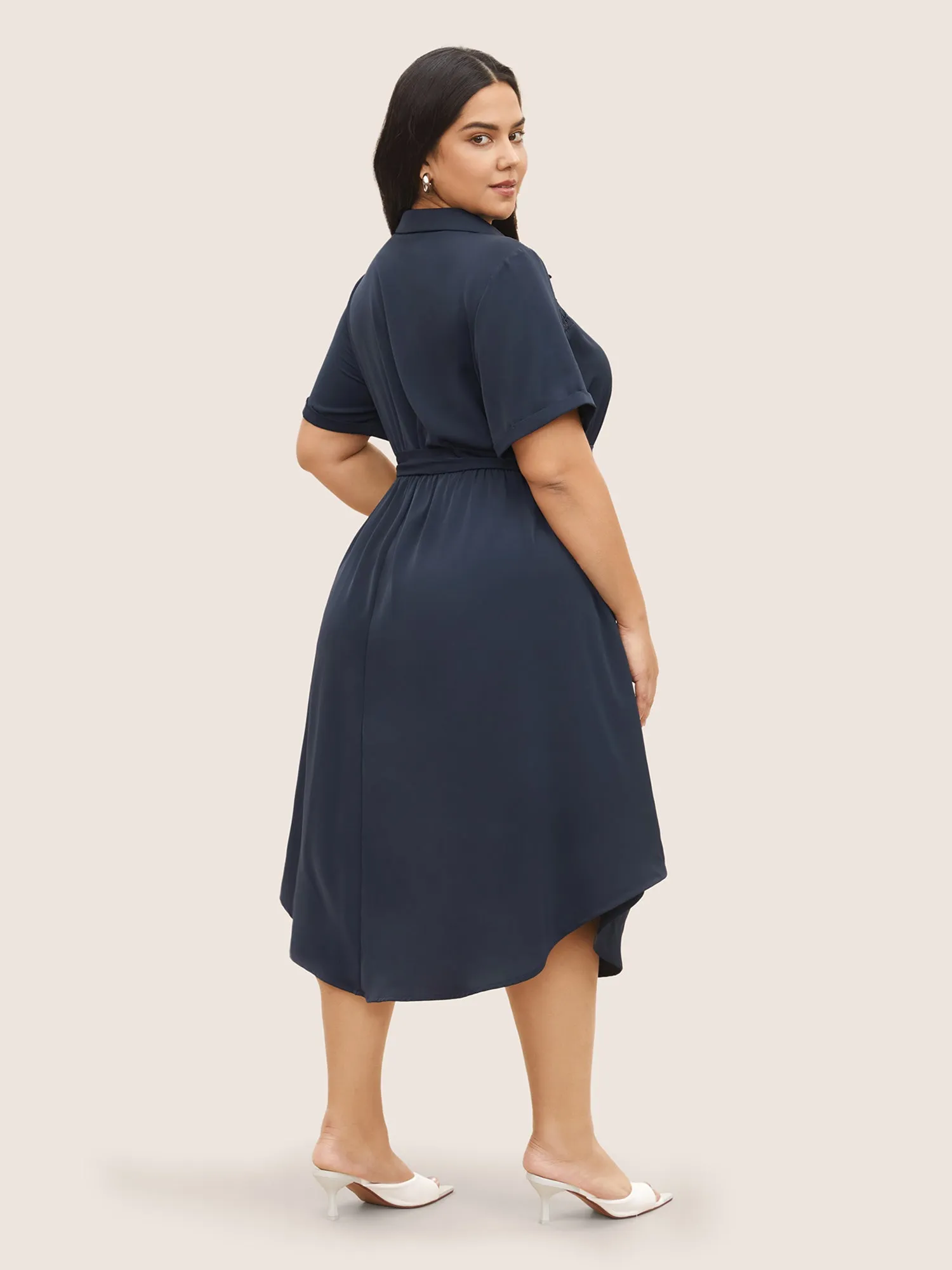 Plain Lace Patchwork Belted Cuffed Sleeve Dress sold by Bloomchic product image thumbnail 3