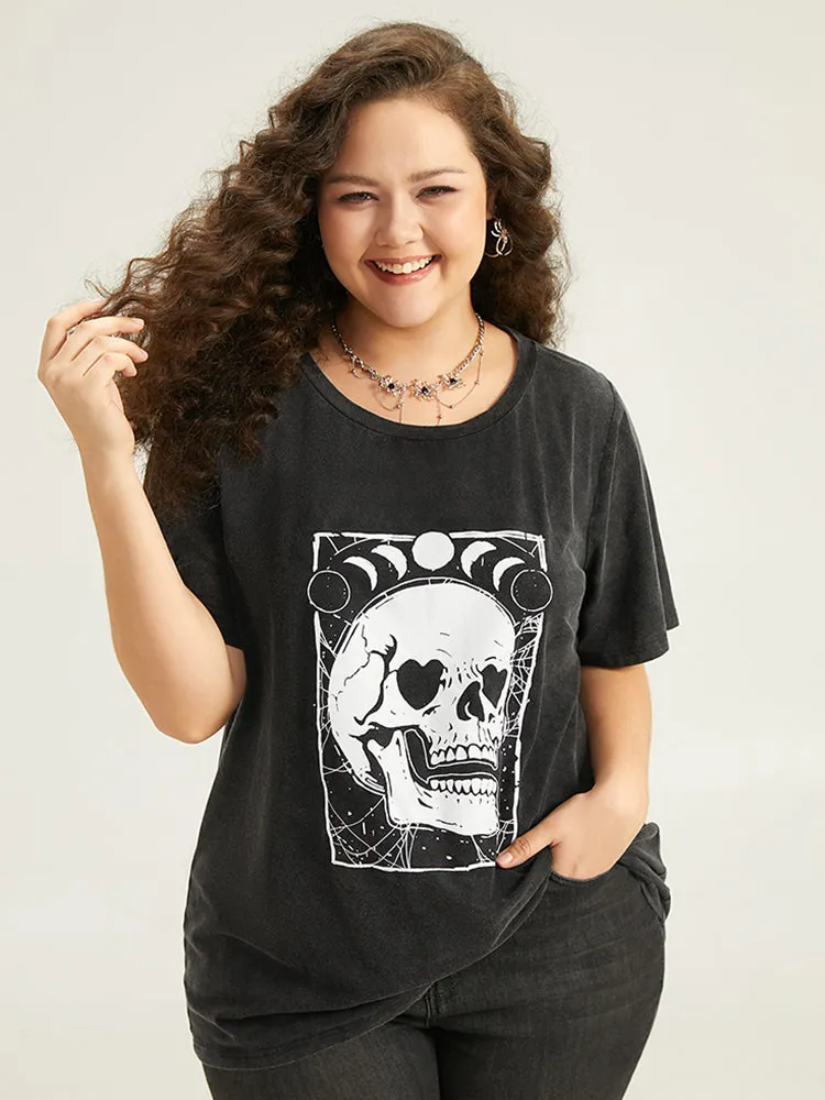 Halloween Skull & Moon Print T-shirt sold by Bloomchic