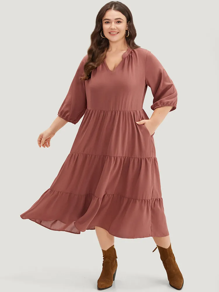 Solid Notched Lantern Sleeve Layered Hem Dress sold by Bloomchic product image thumbnail 3
