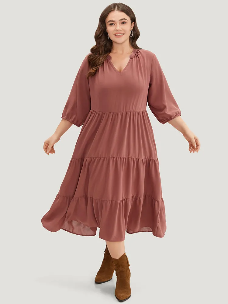 Solid Notched Lantern Sleeve Layered Hem Dress sold by Bloomchic product image thumbnail 4