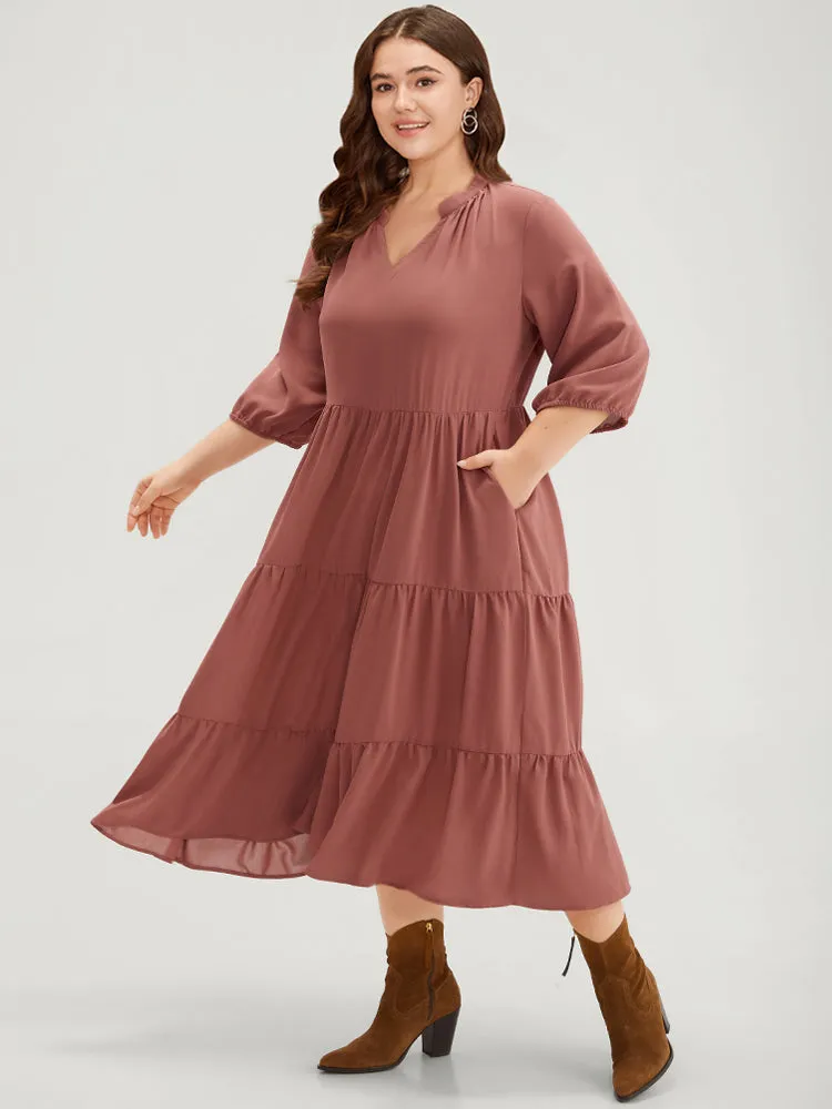 Solid Notched Lantern Sleeve Layered Hem Dress sold by Bloomchic product image thumbnail 5