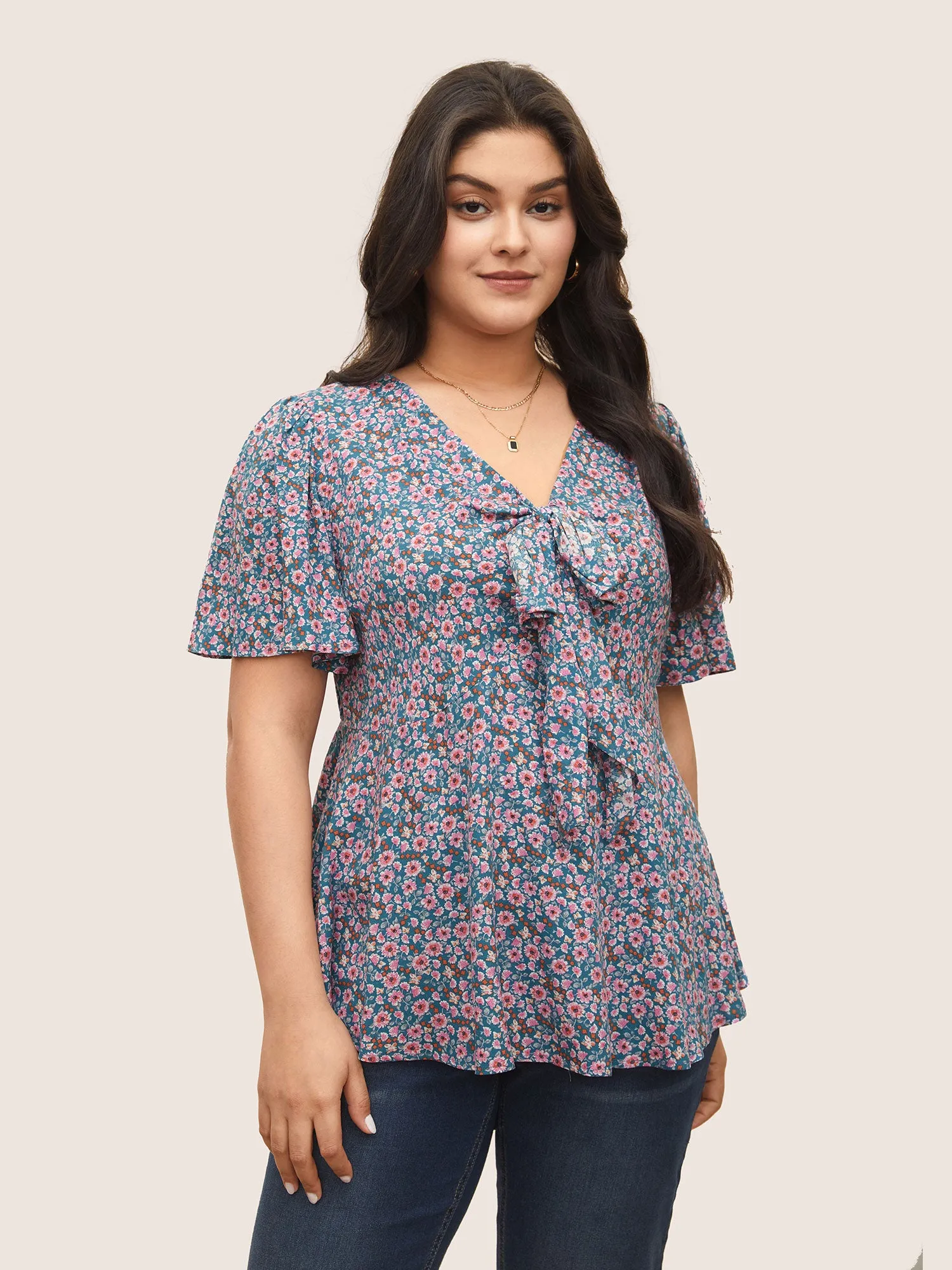 Rayon Ditsy Floral Tie Knot Gathered Blouse sold by Bloomchic