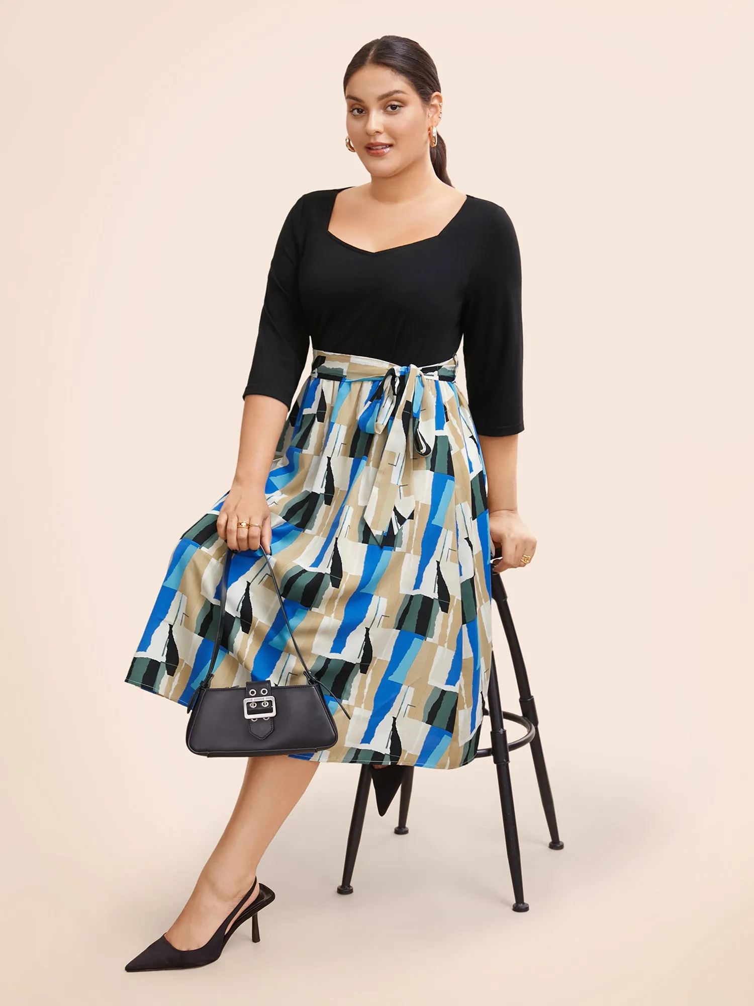 Heart Neckline Colorblock Contrast Patchwork Dress sold by Bloomchic