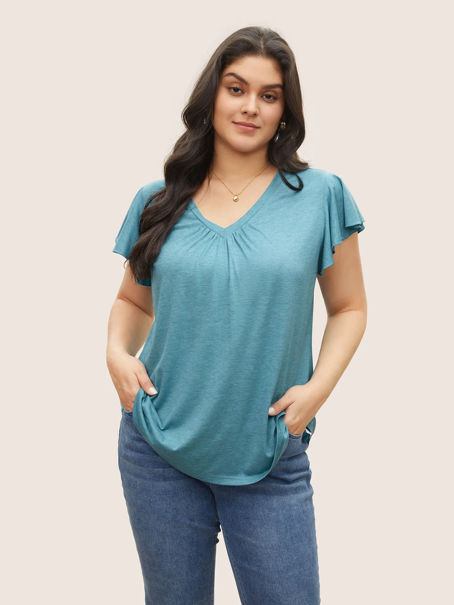 Solid Heather Gathered Ruffle Sleeve T-shirt sold by Bloomchic