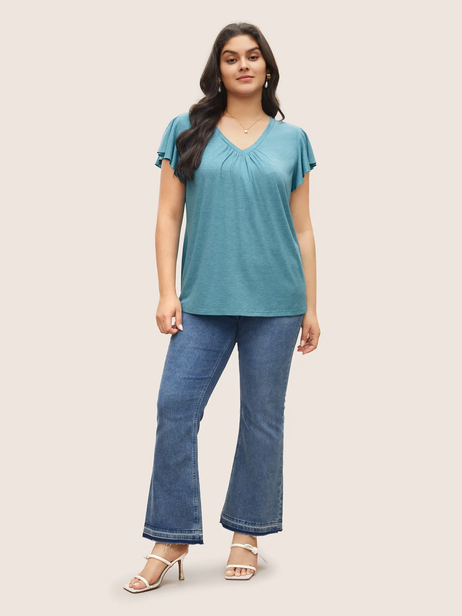 Solid Heather Gathered Ruffle Sleeve T-shirt sold by Bloomchic product image thumbnail 3