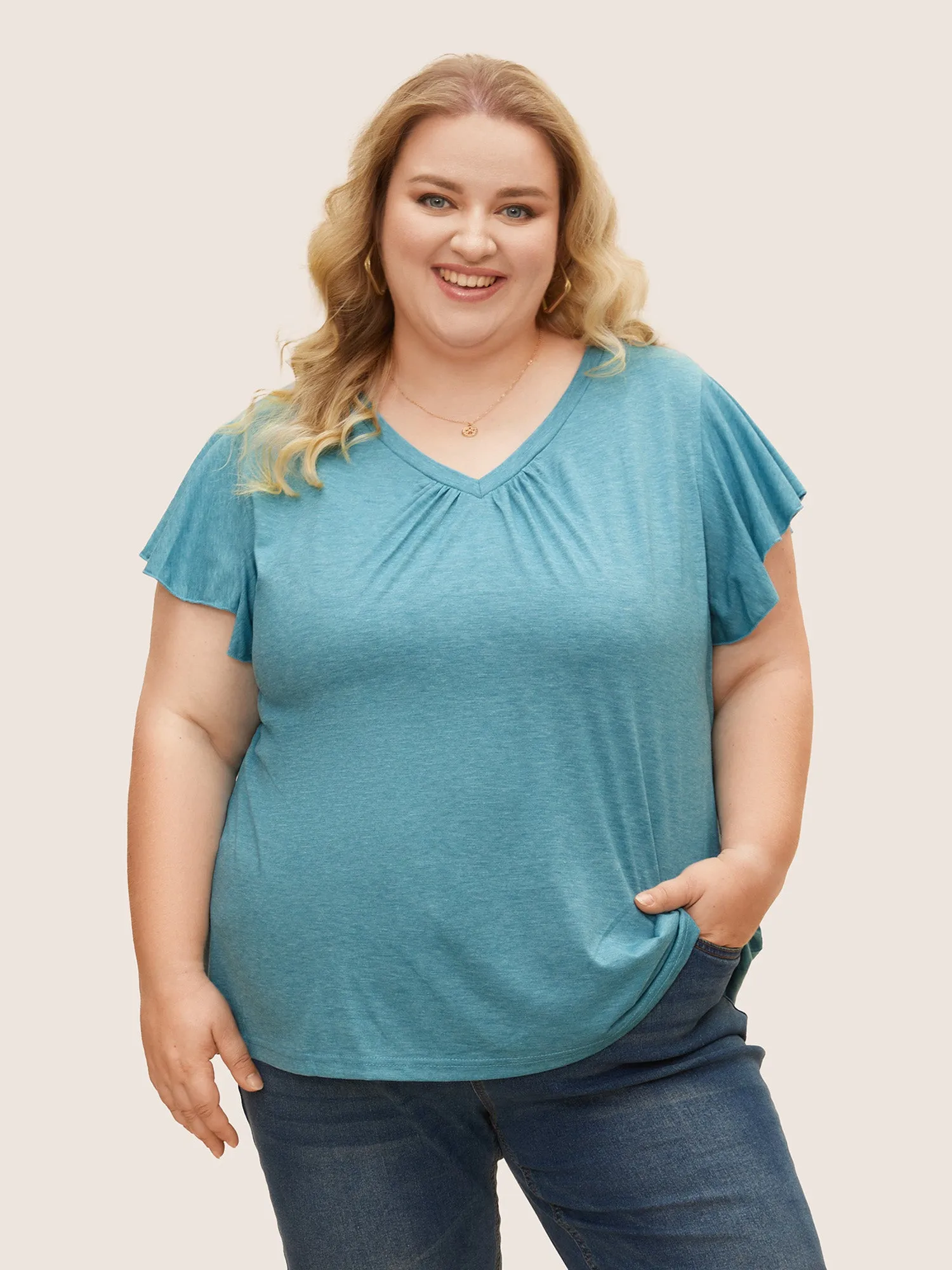 Solid Heather Gathered Ruffle Sleeve T-shirt sold by Bloomchic product image thumbnail 5