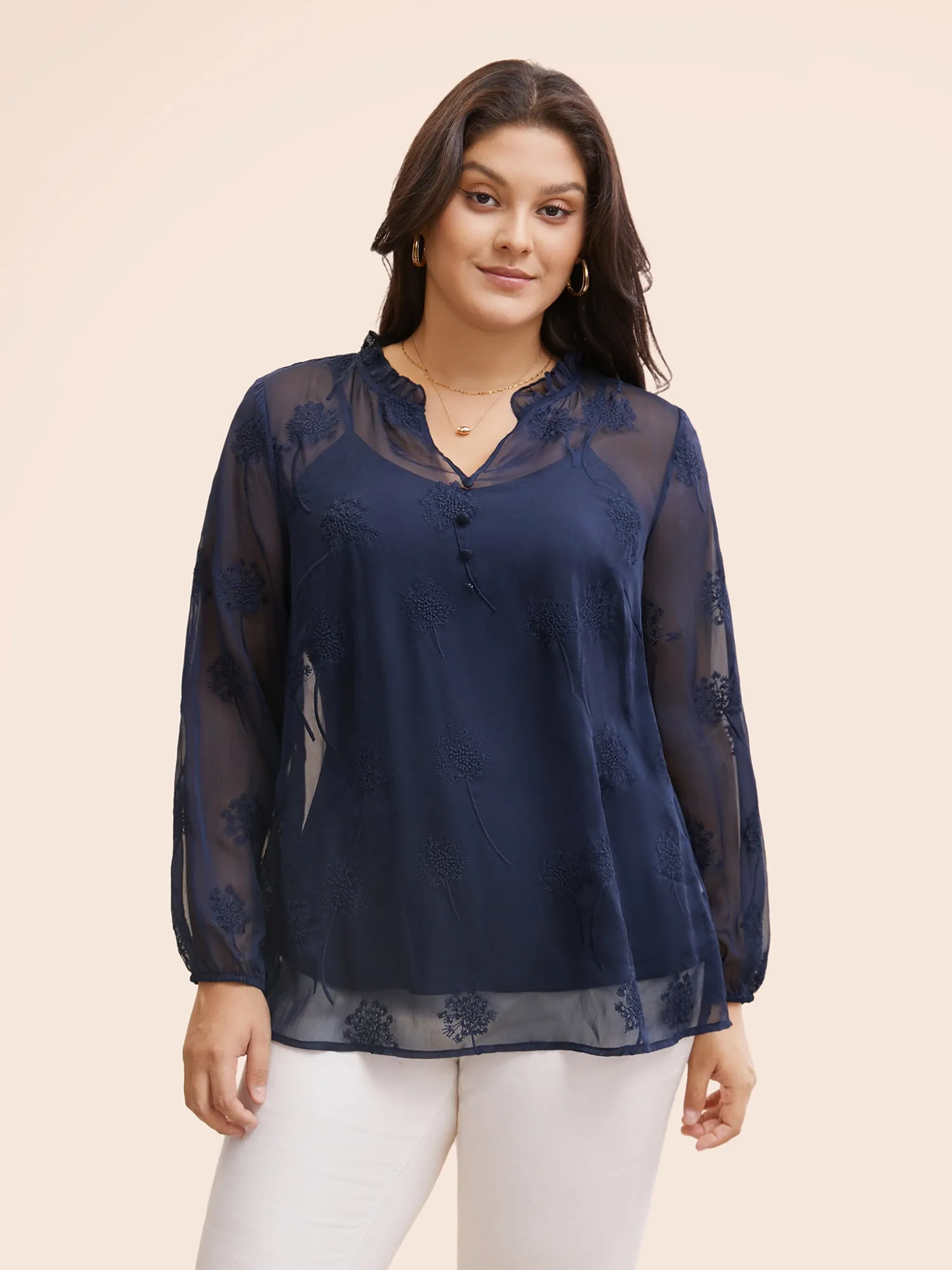 Chiffon Floral Embroidered Mesh Blouse sold by Bloomchic