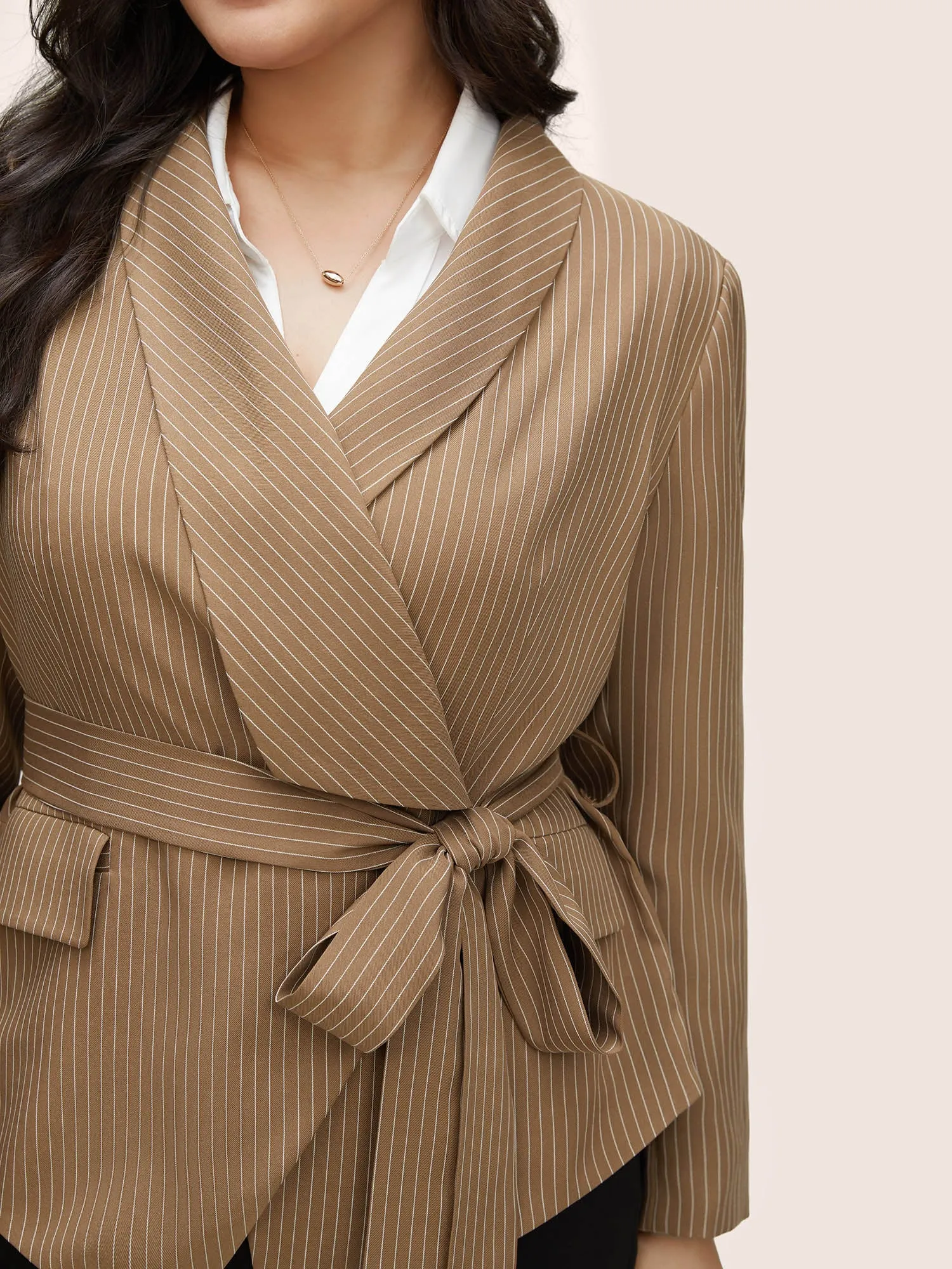 Striped Asymmetrical Hem Belted Flap Pocket Blazer sold by Bloomchic product image thumbnail 3