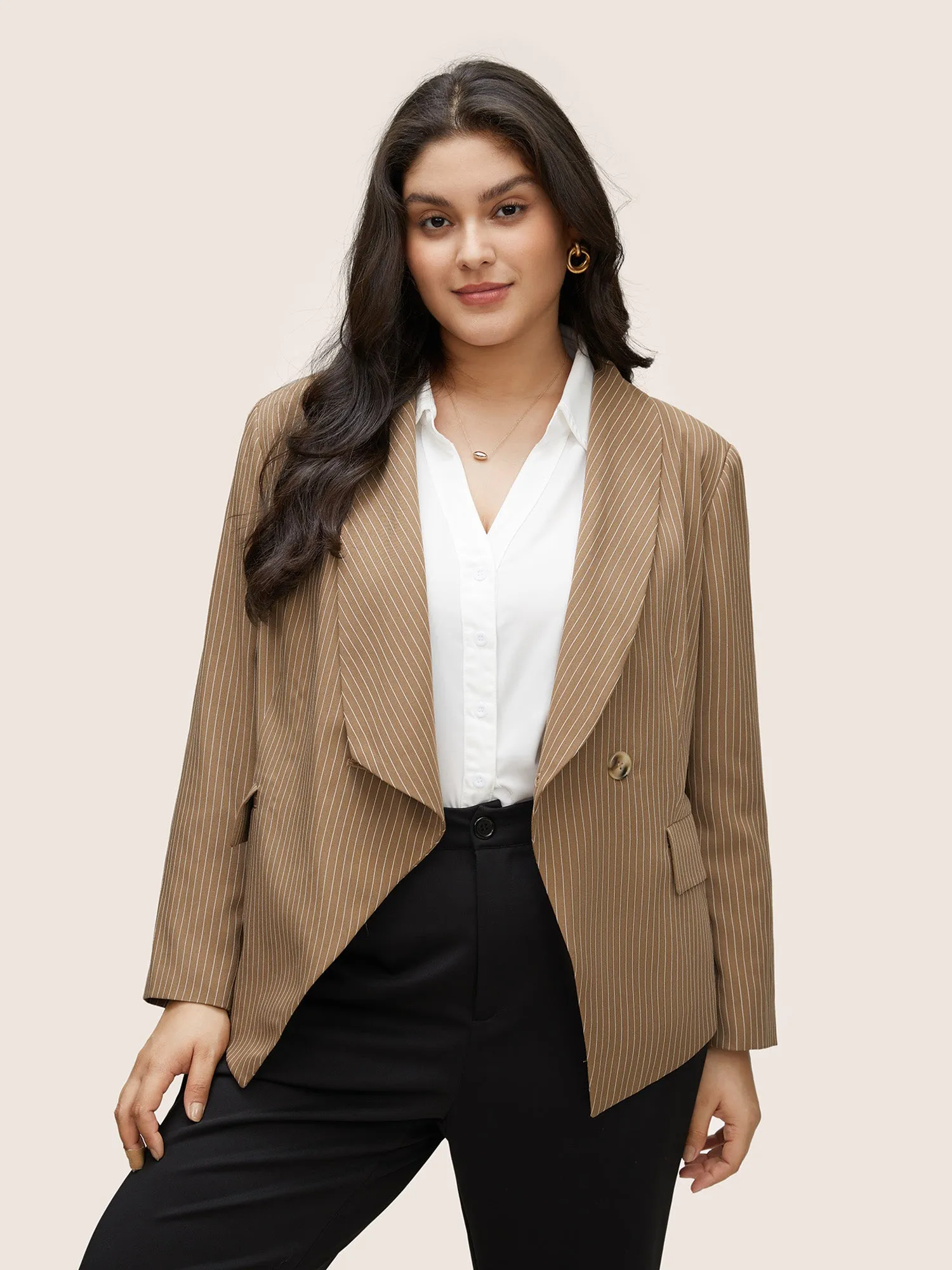 Striped Asymmetrical Hem Belted Flap Pocket Blazer sold by Bloomchic product image thumbnail 4