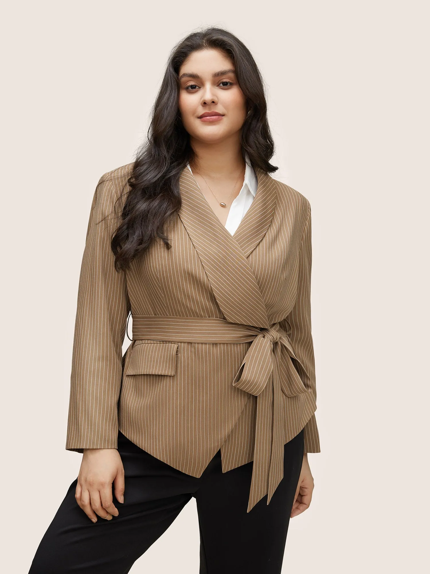 Striped Asymmetrical Hem Belted Flap Pocket Blazer sold by Bloomchic