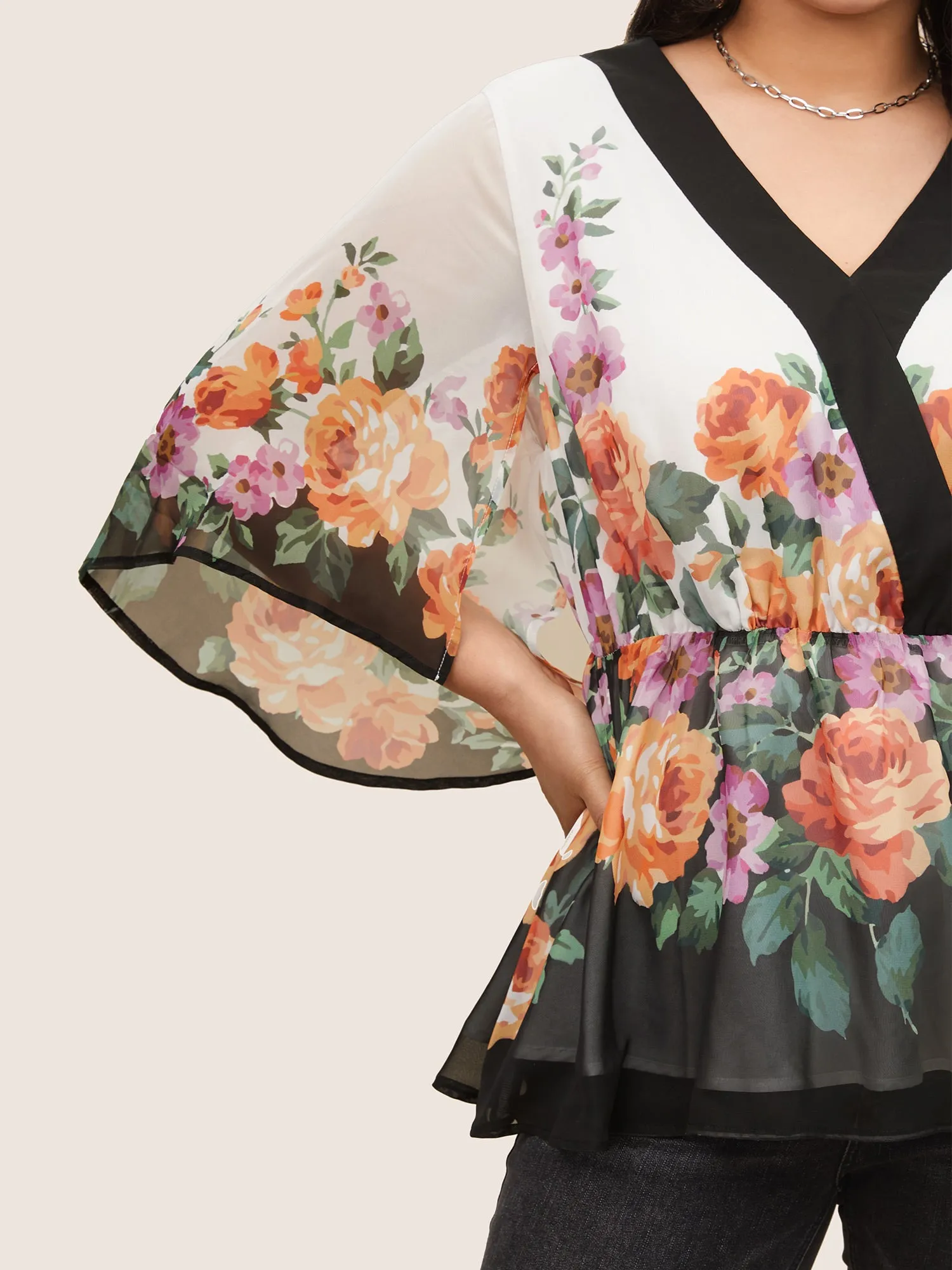 Floral Contrast Trim Elastic Waist Flutter Sleeve Blouse sold by Bloomchic product image thumbnail 3