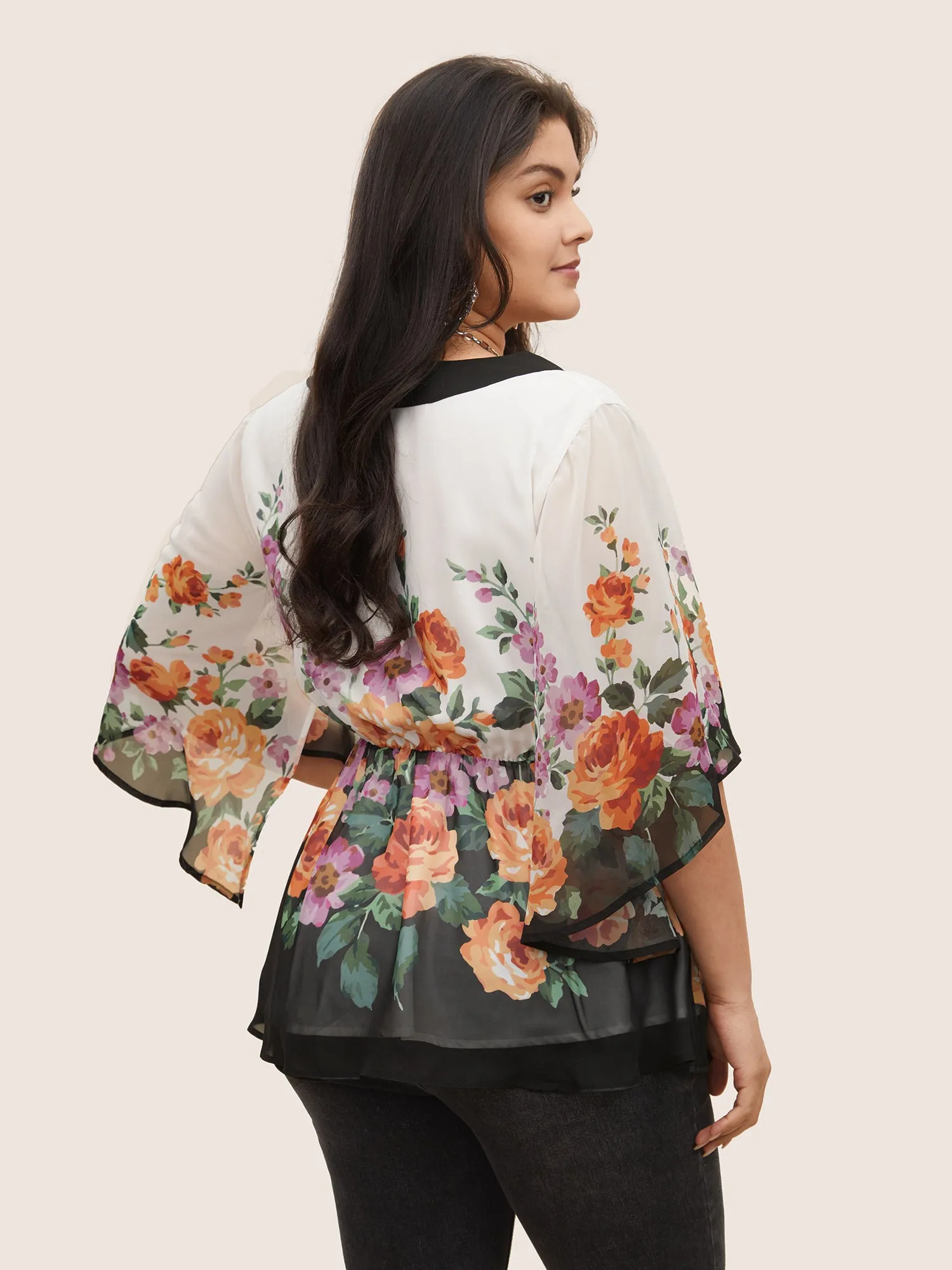 Floral Contrast Trim Elastic Waist Flutter Sleeve Blouse sold by Bloomchic product image thumbnail 4