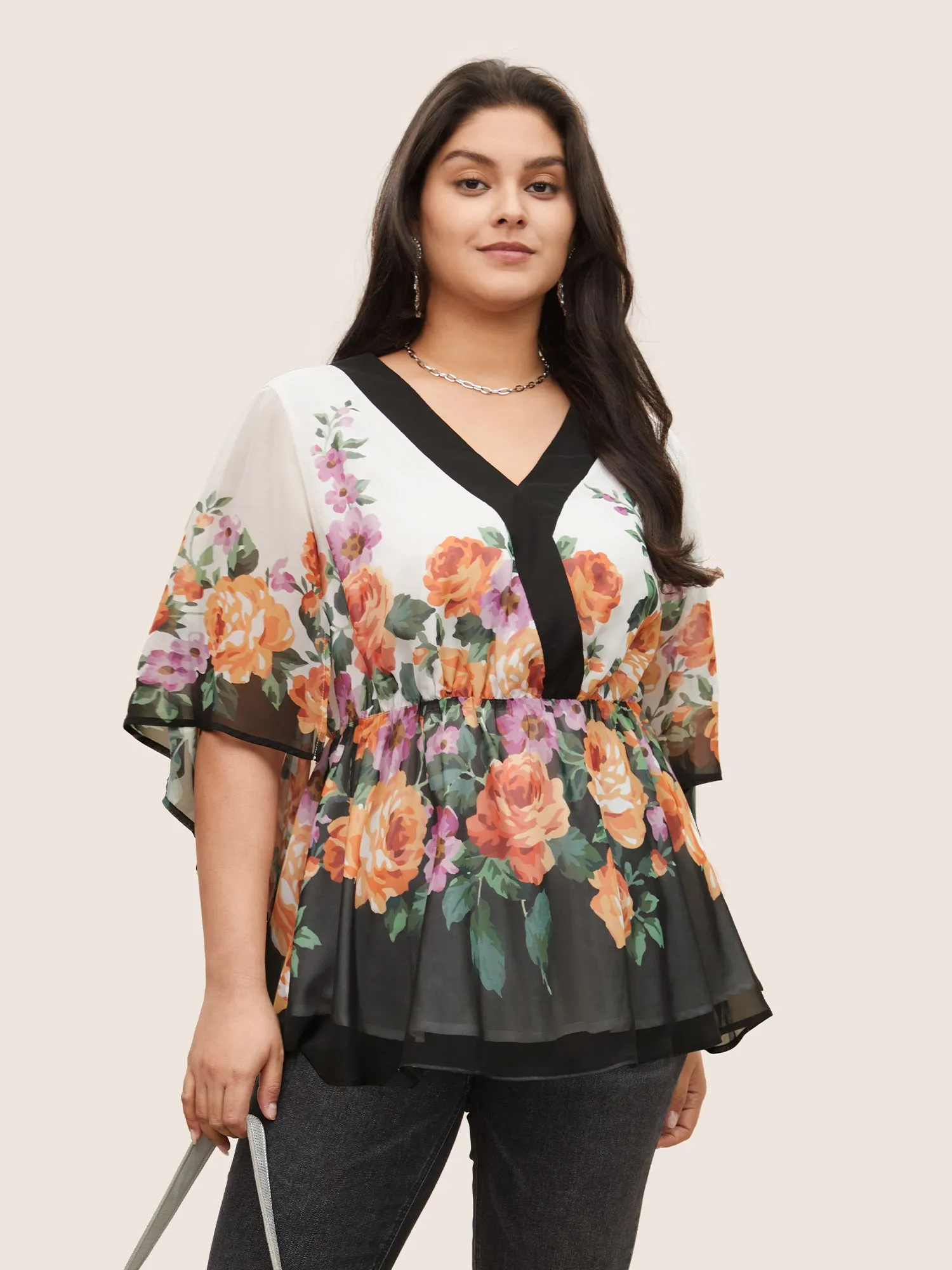 Floral Contrast Trim Elastic Waist Flutter Sleeve Blouse sold by Bloomchic