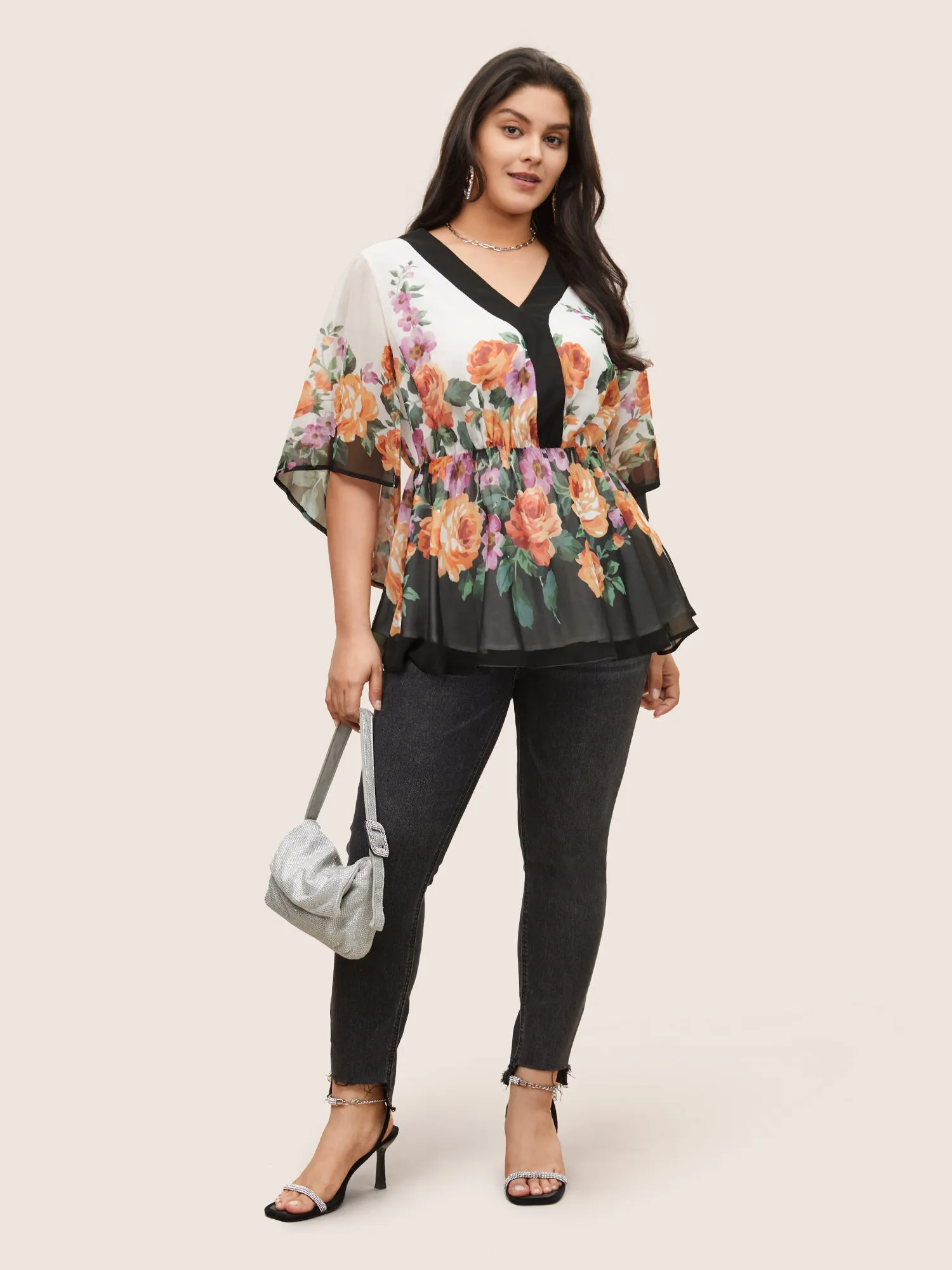 Floral Contrast Trim Elastic Waist Flutter Sleeve Blouse sold by Bloomchic product image thumbnail 2
