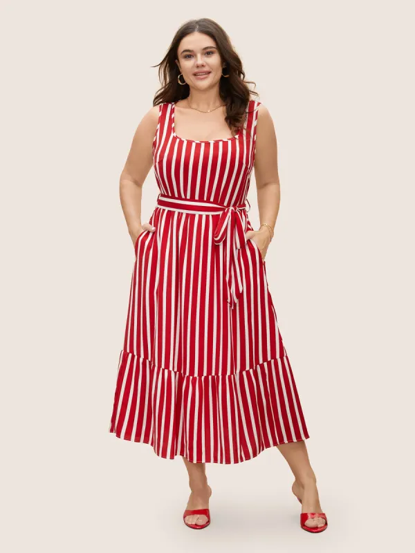Square Neck Striped Belted Midi Dress sold by Bloomchic